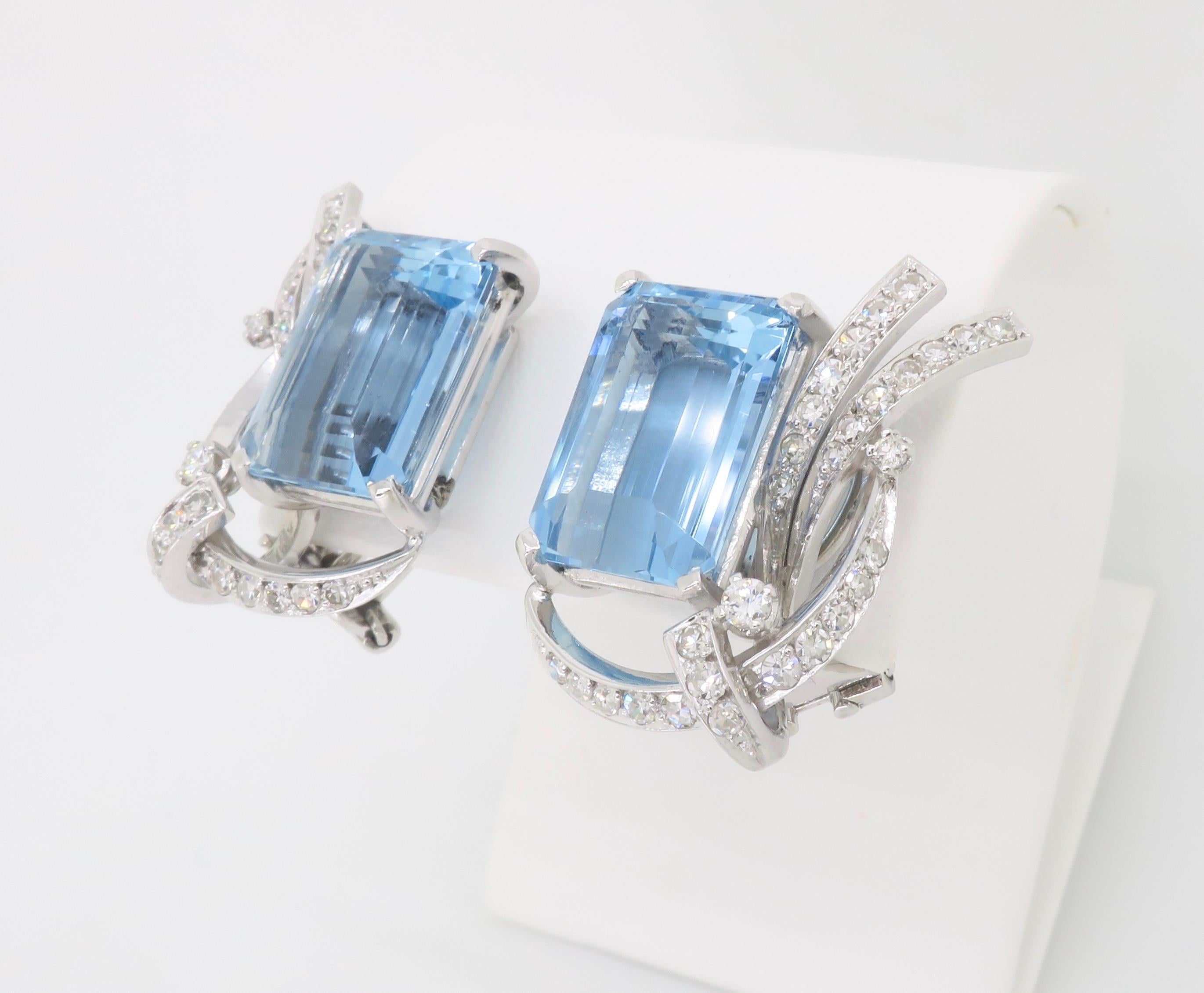 Women's GIA Certified Estate Aquamarine & Diamond Omega Back Earrings For Sale