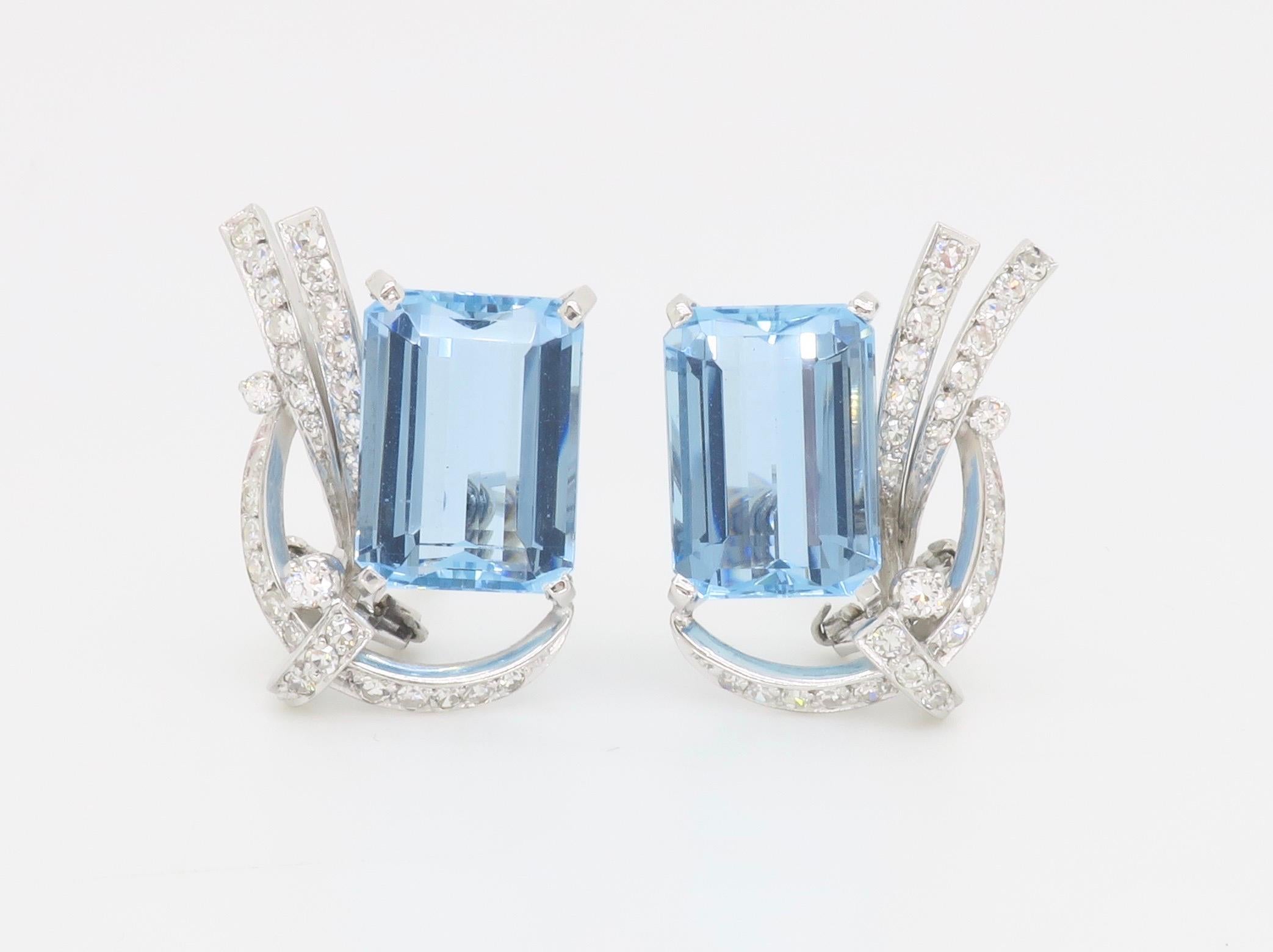 GIA Certified Estate Aquamarine & Diamond Omega Back Earrings For Sale 1