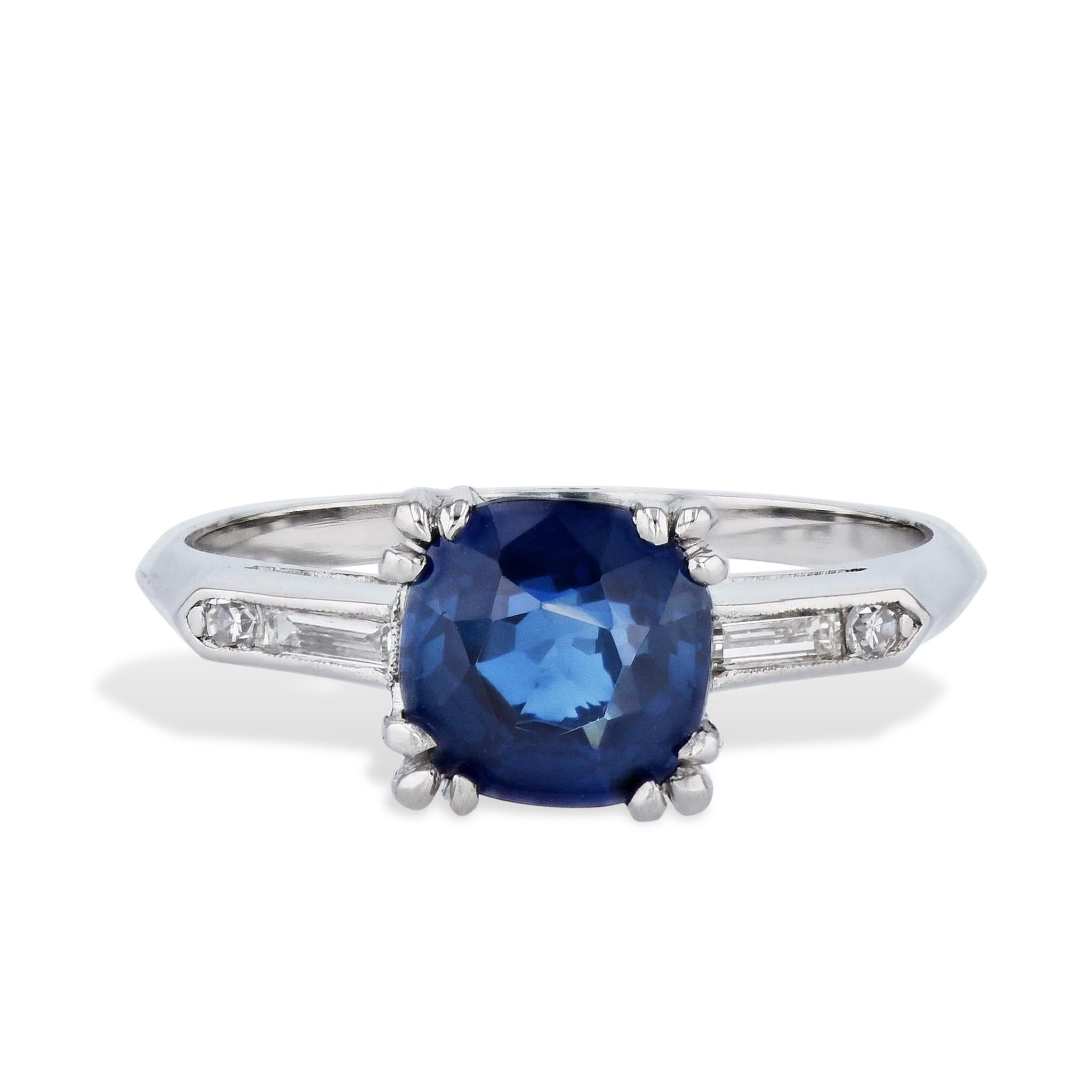 GIA Certified Estate Cushion Cut Blue Sapphire and Diamond Platinum Ring In Excellent Condition For Sale In Miami, FL