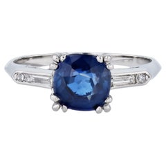 Vintage GIA Certified Estate Cushion Cut Blue Sapphire and Diamond Platinum Ring