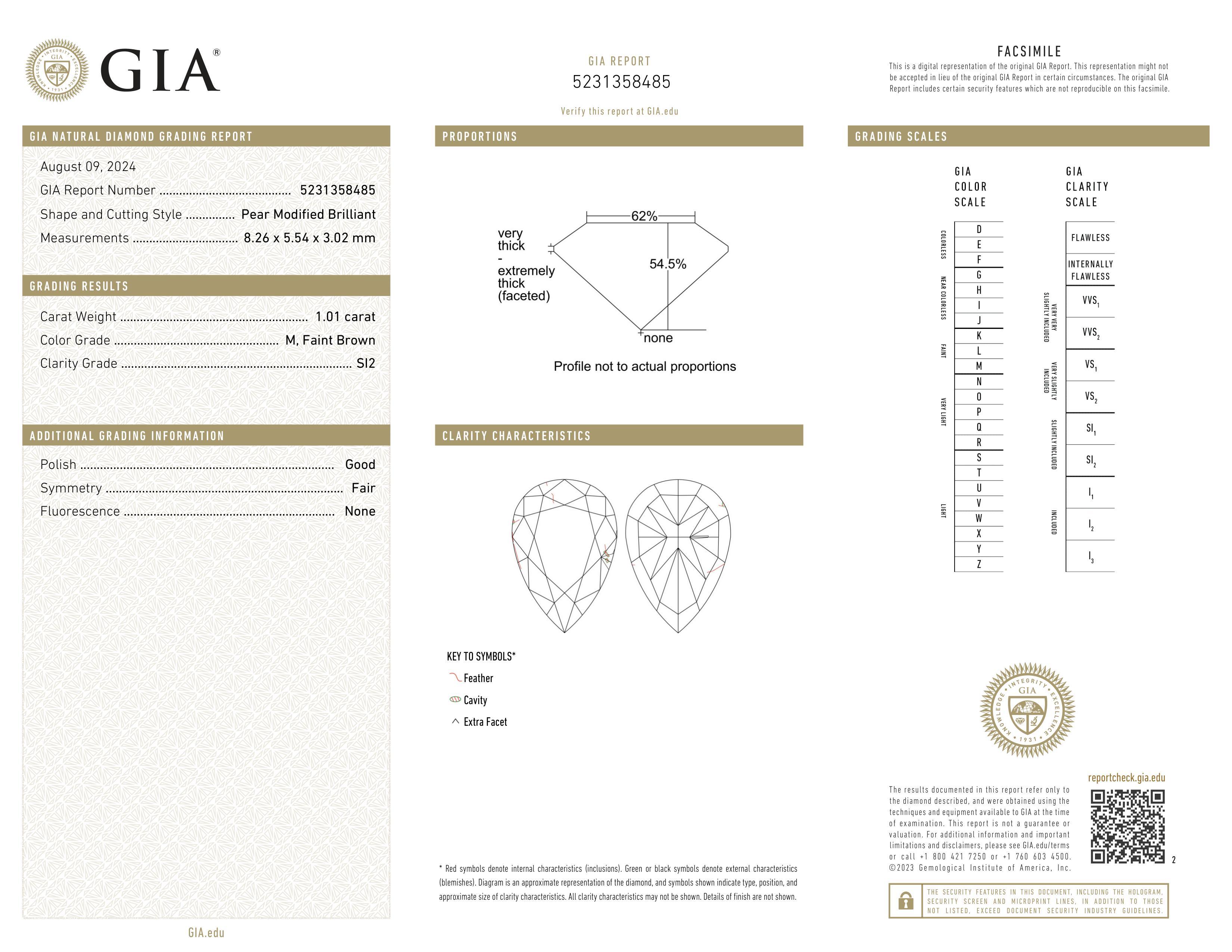 Certificato GIA Squisito diamante naturale taglio pera da 1,01ct SI2 M in vendita 2