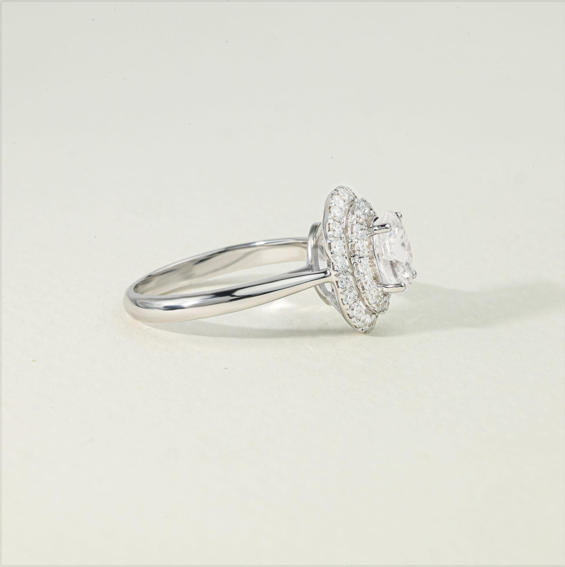Art Deco GIA Certified 1.5ct Oval Diamond Double Halo Engagement Ring in 18K White Gold For Sale
