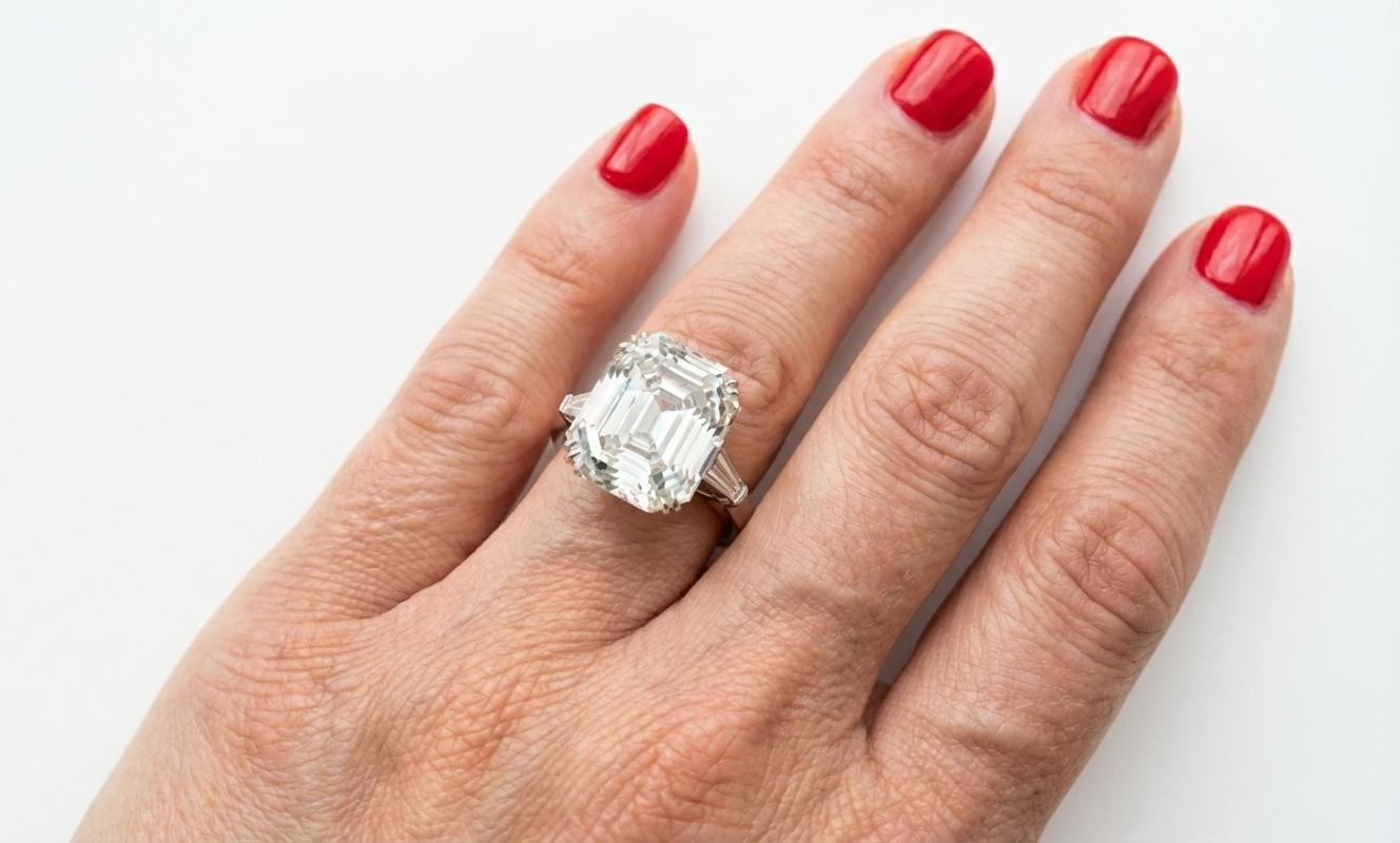Élevez chaque moment avec une bague qui définit la sophistication. Ce superbe diamant de 4 carats de taille émeraude occupe le devant de la scène, présentant des lignes épurées, une profondeur fascinante et une brillance digne d'une galerie de