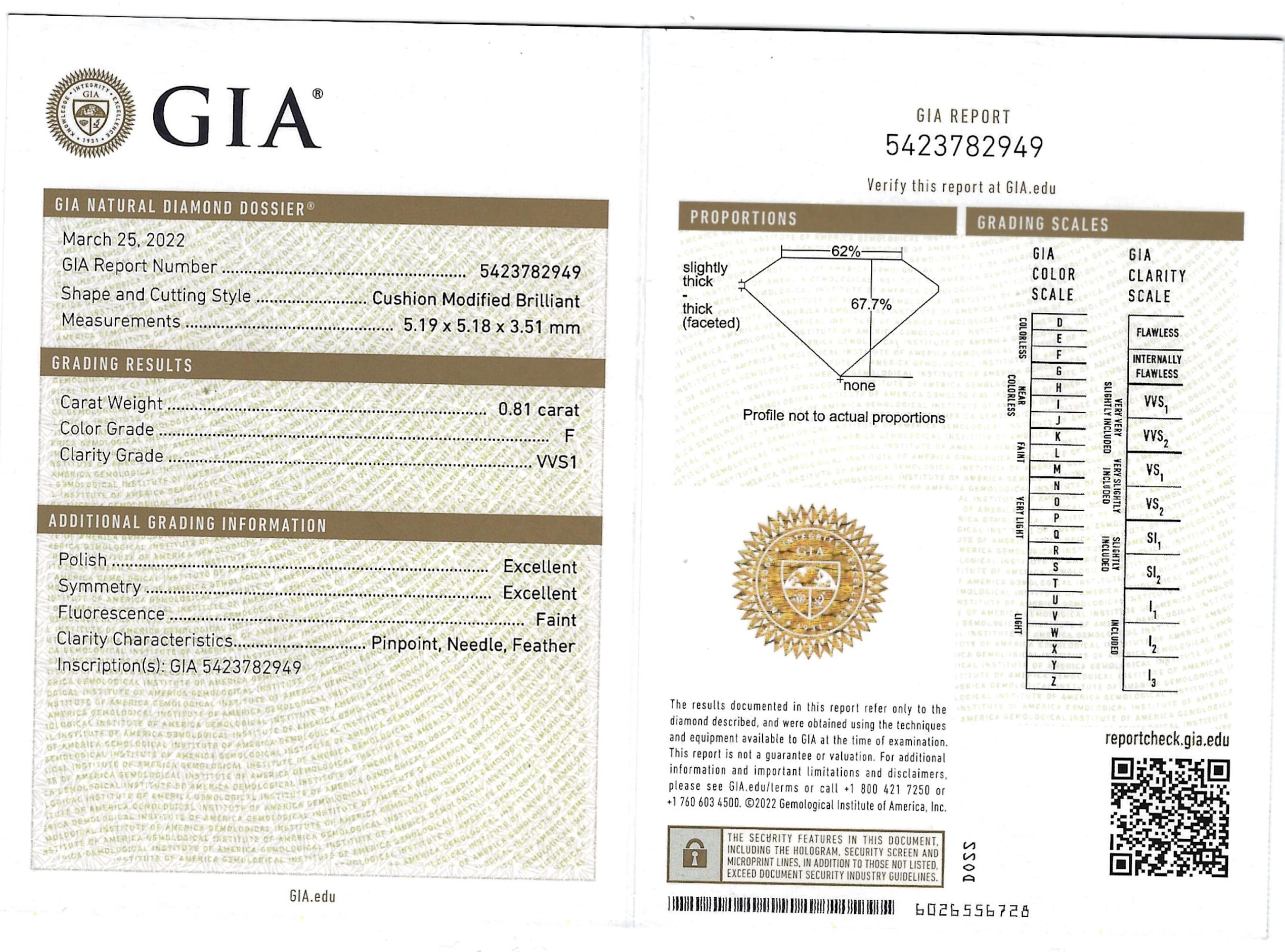 Certifié GIA  Bague en or blanc et rose 18 carats, taille coussin, couleur F, clarté VVS1 Neuf - En vente à Rome, IT