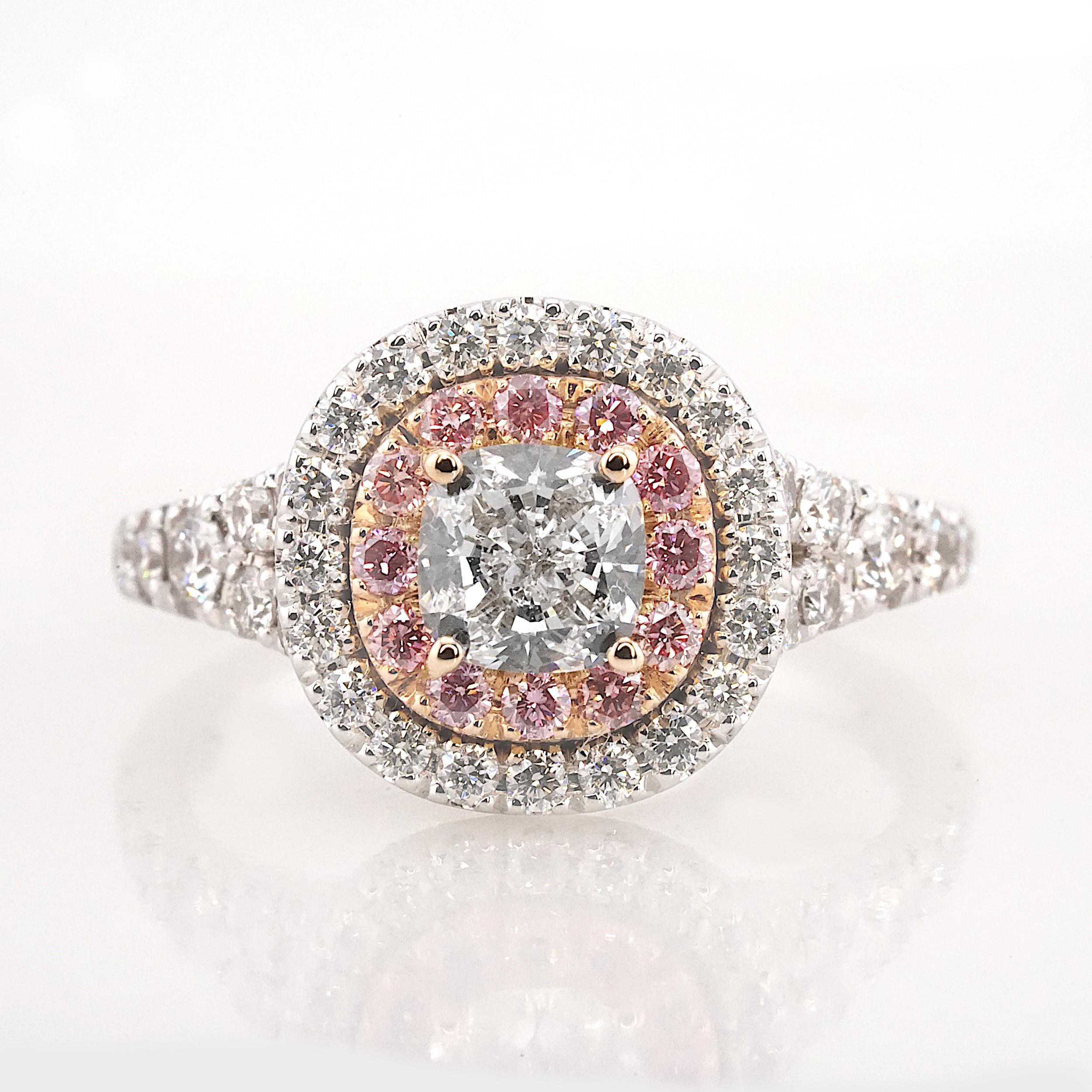 Info: 0.81 carat cushion cut F color diamond double pink & white halo ring - 0.21 ct pink diamonds - 0.61 ct accent white diamonds - 7.08g gold

Indulge in the enchanting allure of this Italian-crafted ring, a masterpiece showcasing the coveted