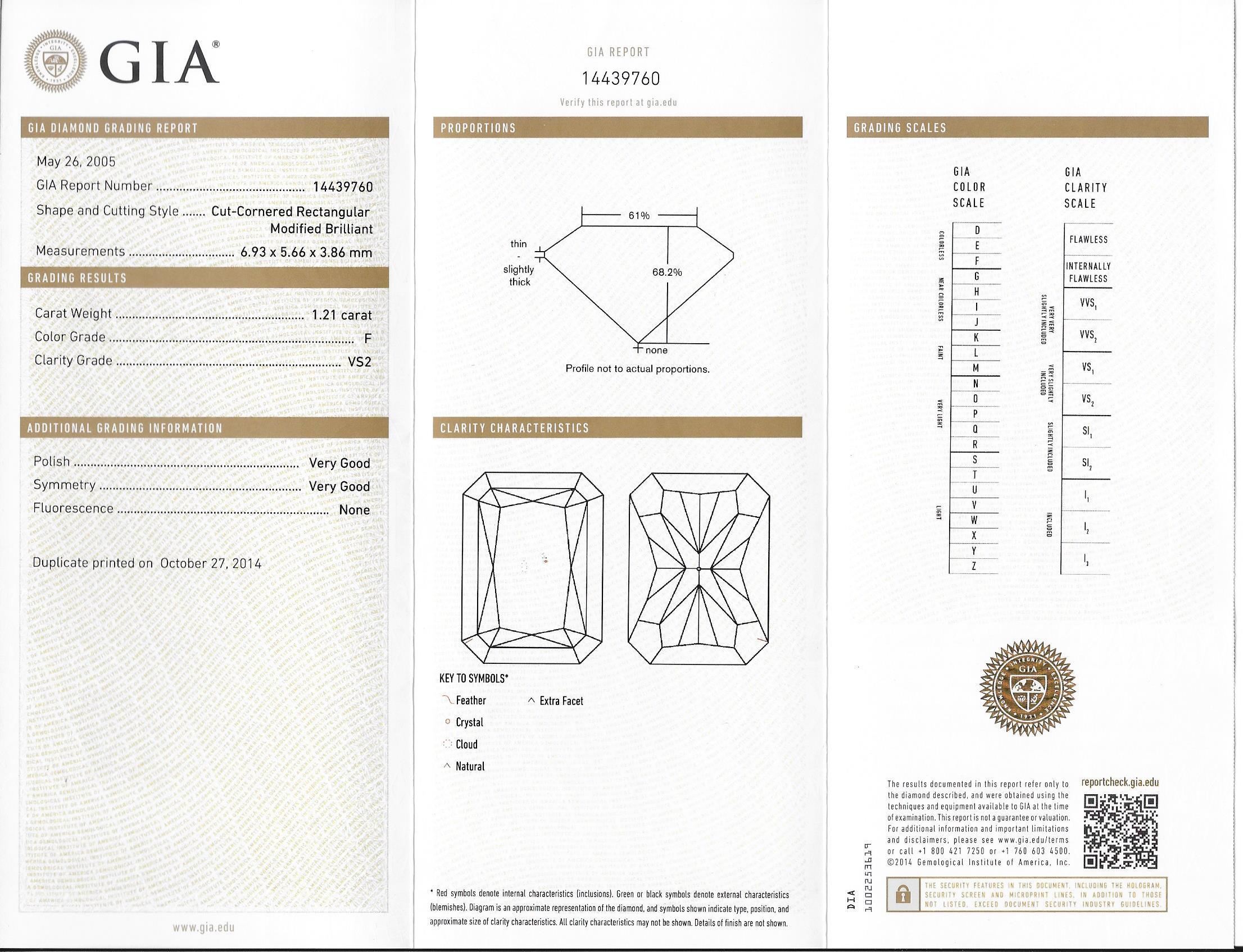 GIA Certified F VS2 1.21 Carat Radiant Diamond Platinum Tacori Bridal Set For Sale 2