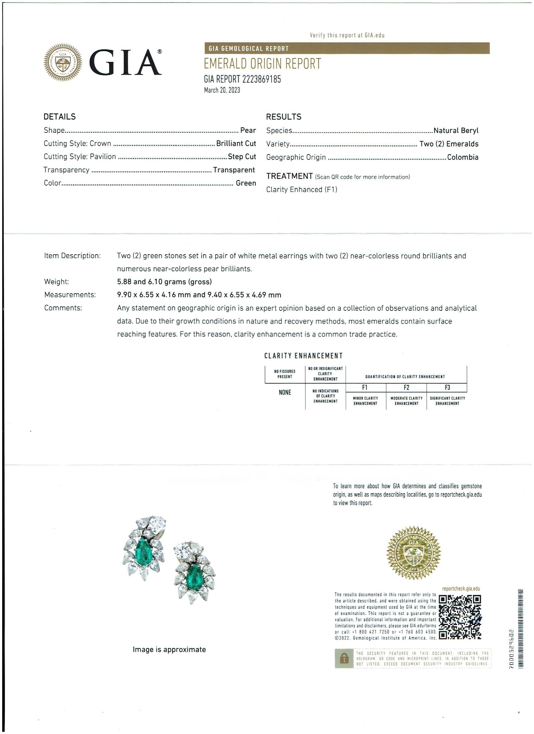 GIA-zertifizierter F1 4ct kolumbianischer Smaragd und 2 GIA-Zertifikate für jeden der Diamanten 0,85 ct FVVS2 und 0,99 ct GVVS2 Ohrringe 18kW Gold
Feinste birnenförmige Smaragd-Diamant-Clip-Ohrringe 18 Karat Gold mit Omega-Rücken
Die Farbe des