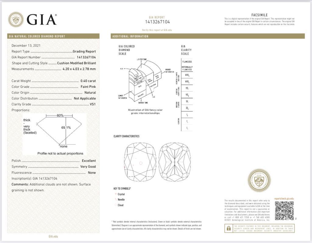 GIA Certified Faint Pink Diamond Ring 0,40 Karat VS1 Kissen Form Ring Damen im Angebot