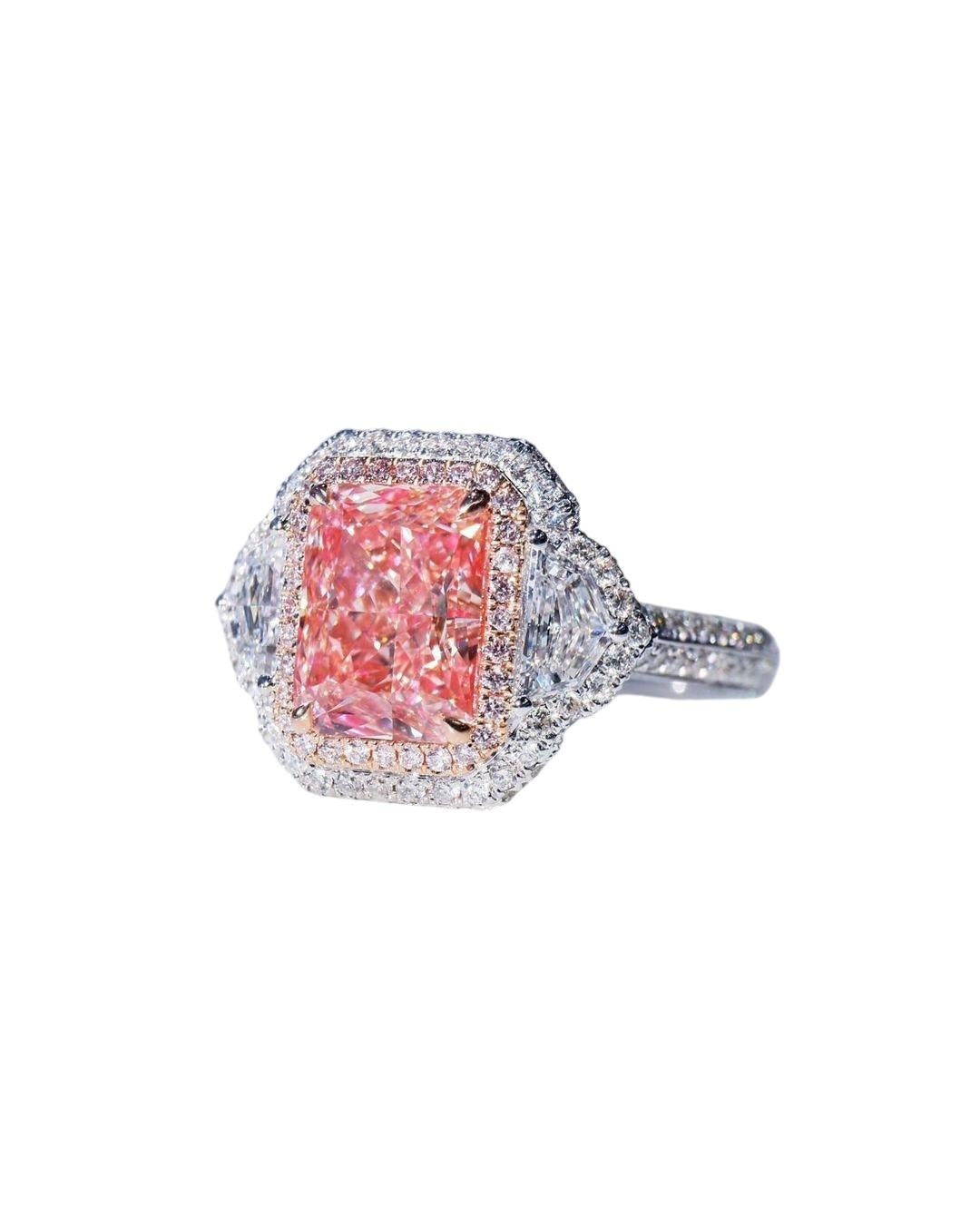 Radiant Cut GIA Certified Fancy Brown-Pink 3 Carat VS2 Double Halo Diamond Engagement Ring For Sale