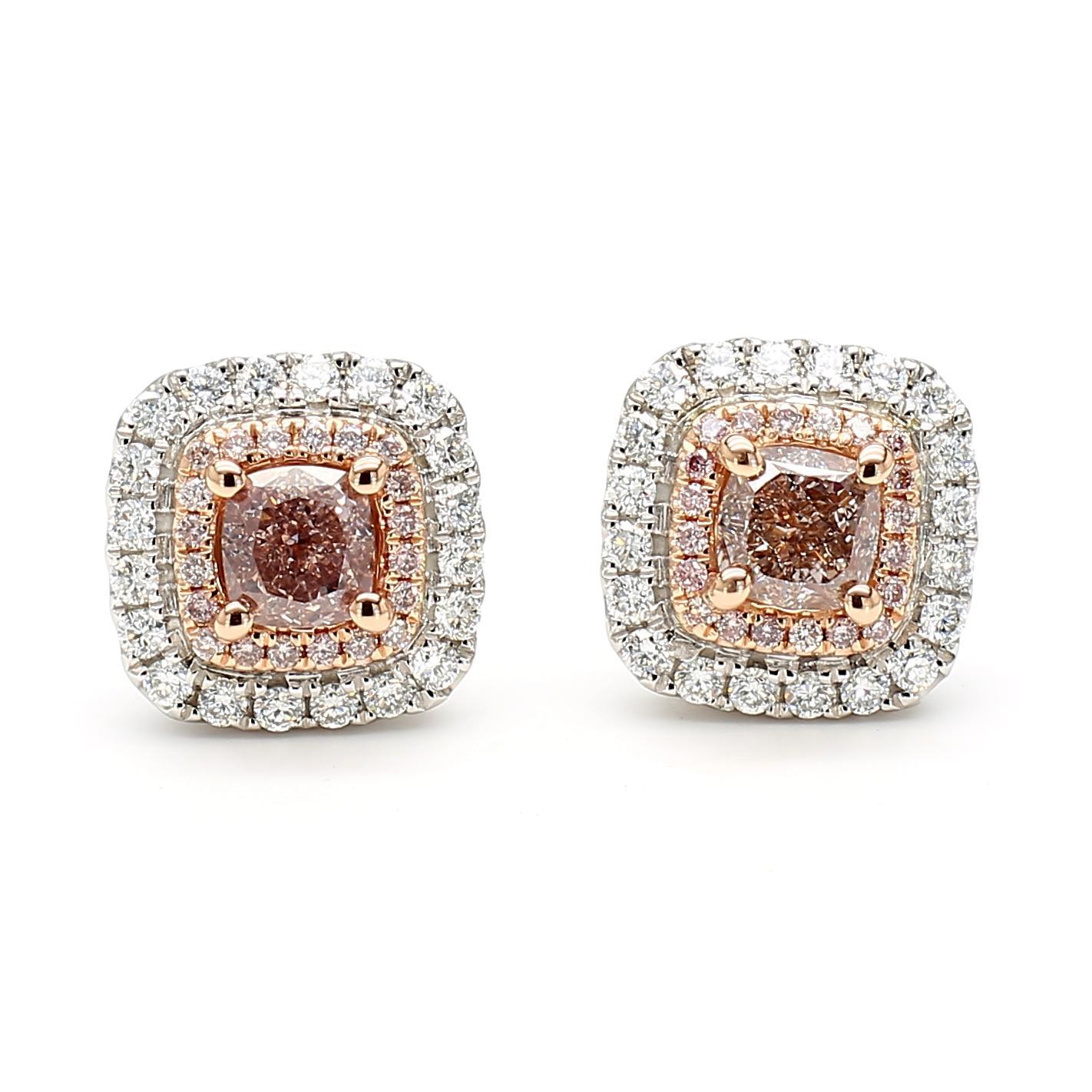 Contemporaneo Orecchini con perno in oro da 1,62 carati TW con certificato GIA Fancy Brown-Pink Cushion Diamond in vendita