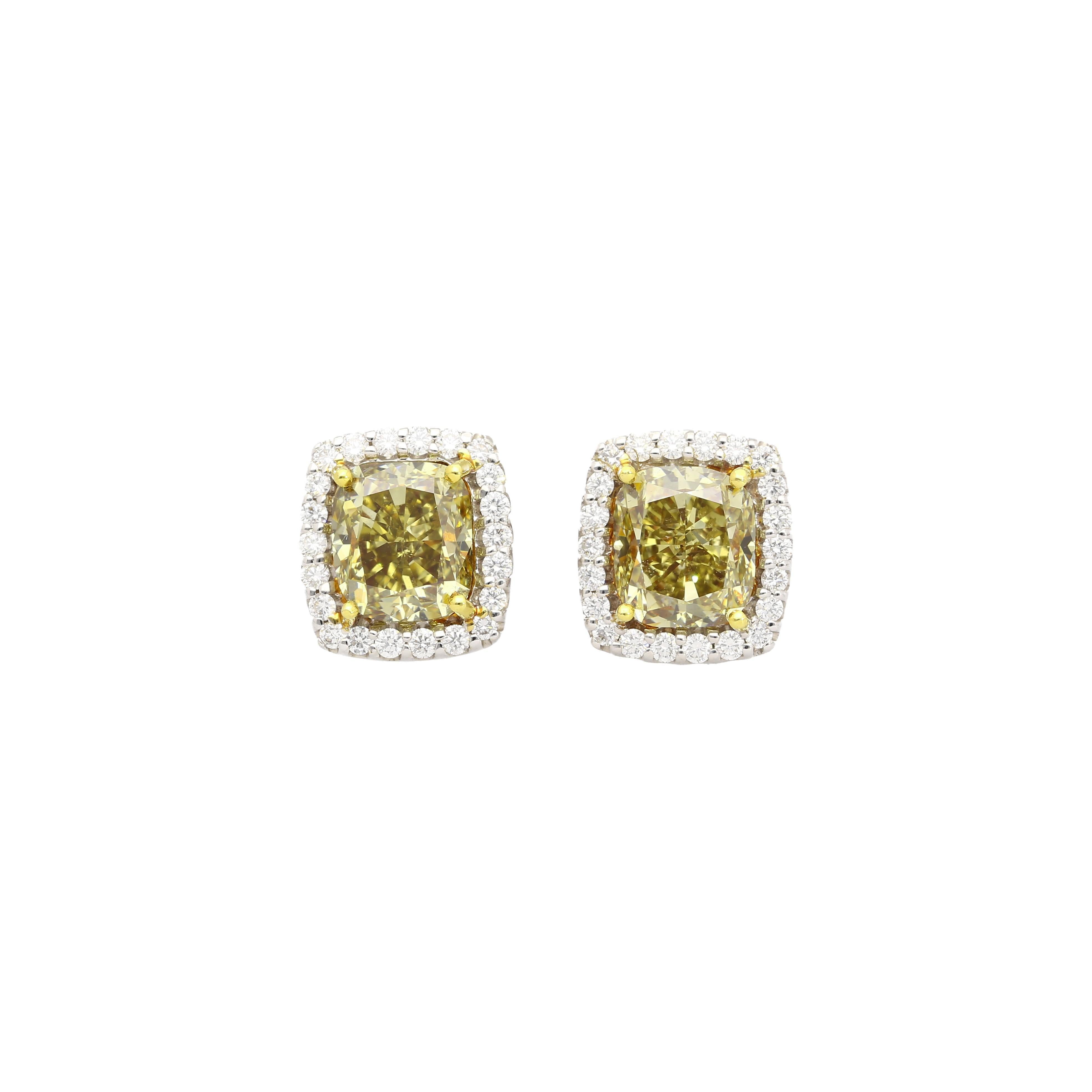 Contemporary GIA Certified Fancy Brownish Greenish Yellow Diamond Stud Earrings For Sale