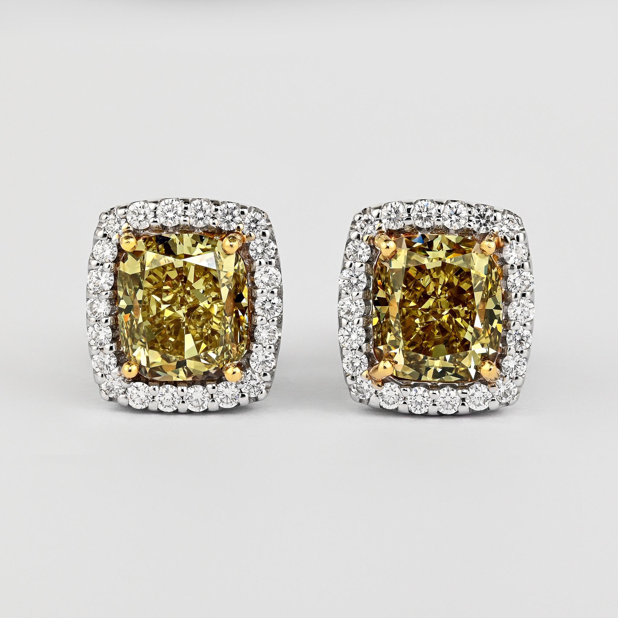 Radiant Cut GIA Certified Fancy Brownish Greenish Yellow Diamond Stud Earrings For Sale