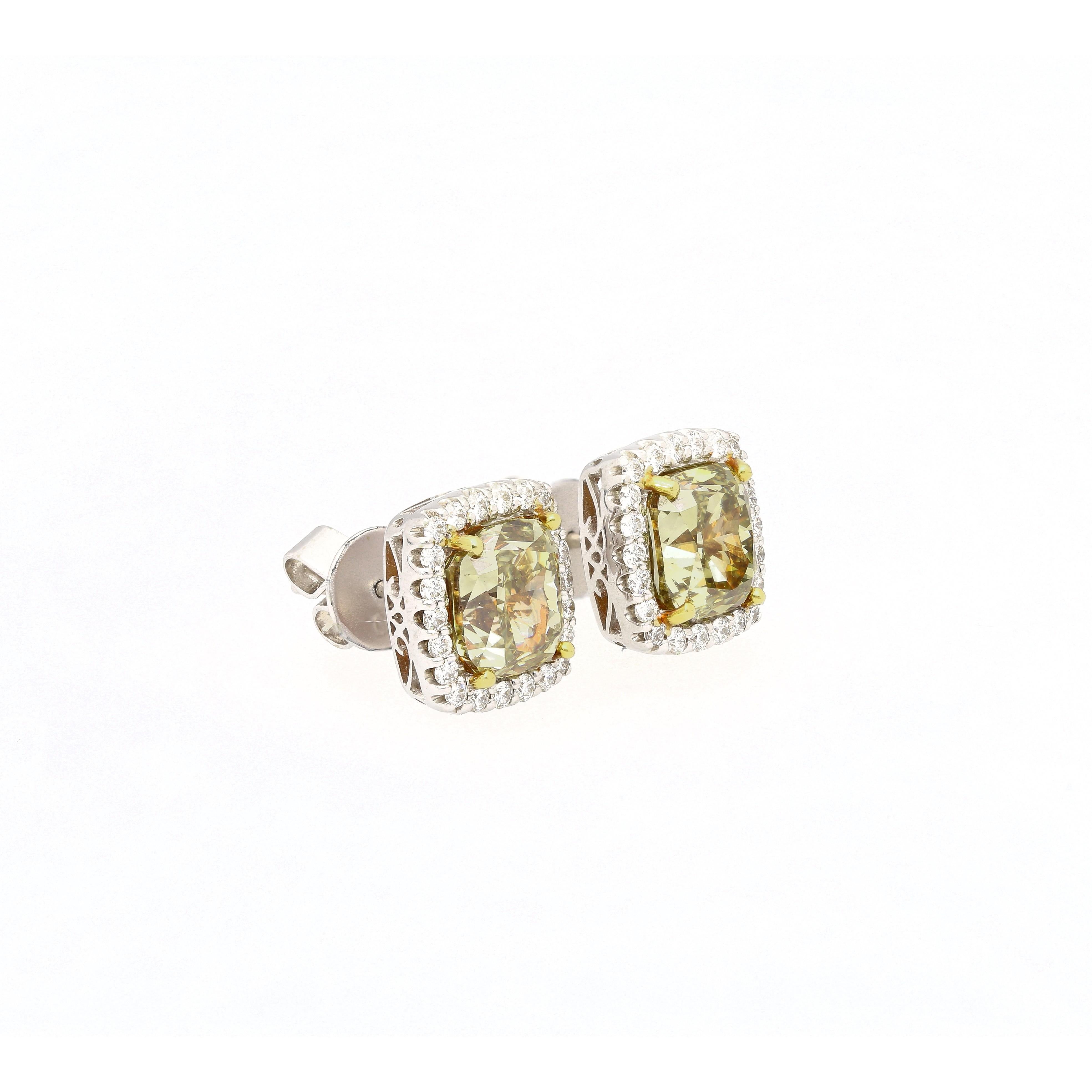 GIA Certified Fancy Brownish Greenish Yellow Diamond Stud Earrings For Sale 2