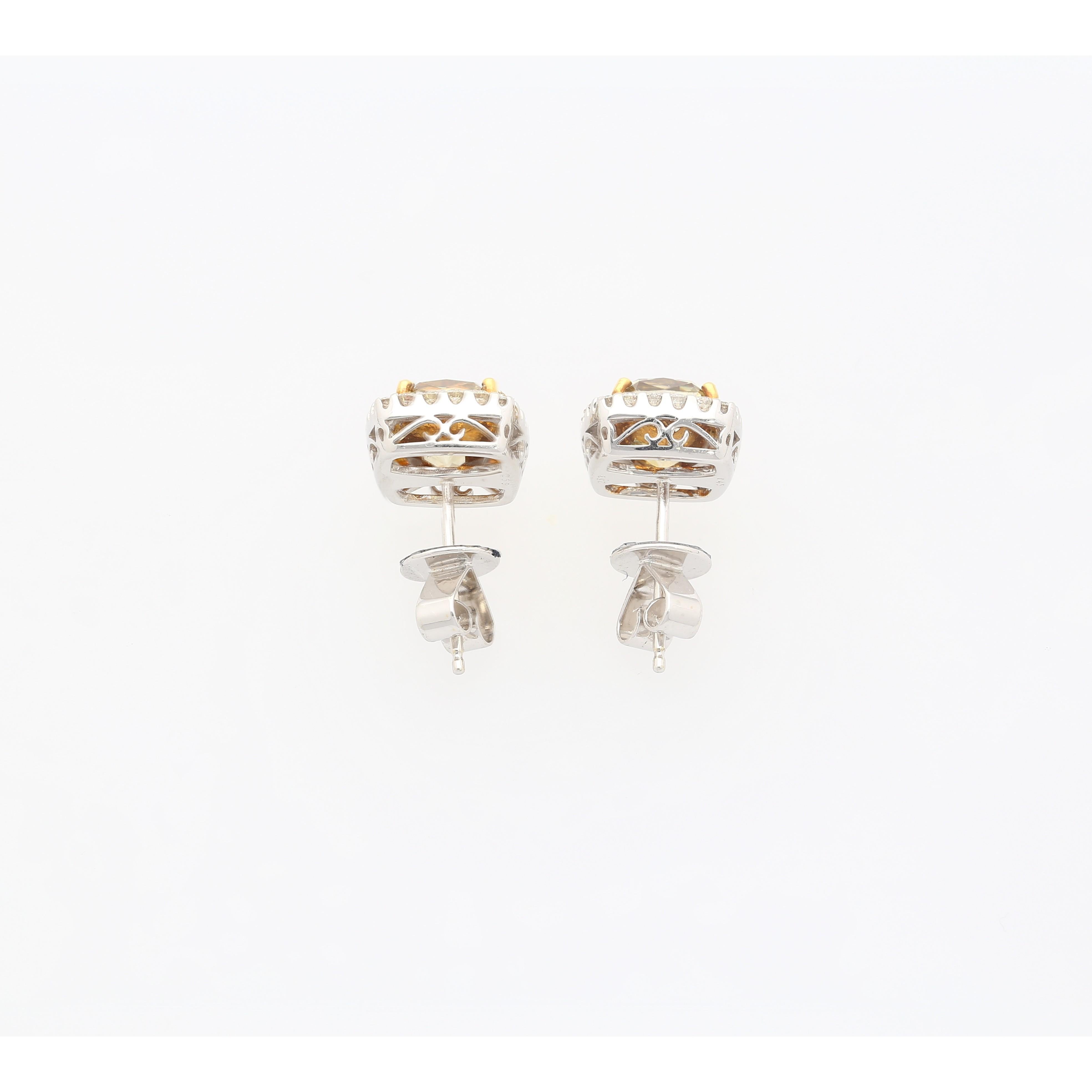 GIA Certified Fancy Brownish Greenish Yellow Diamond Stud Earrings For Sale 3