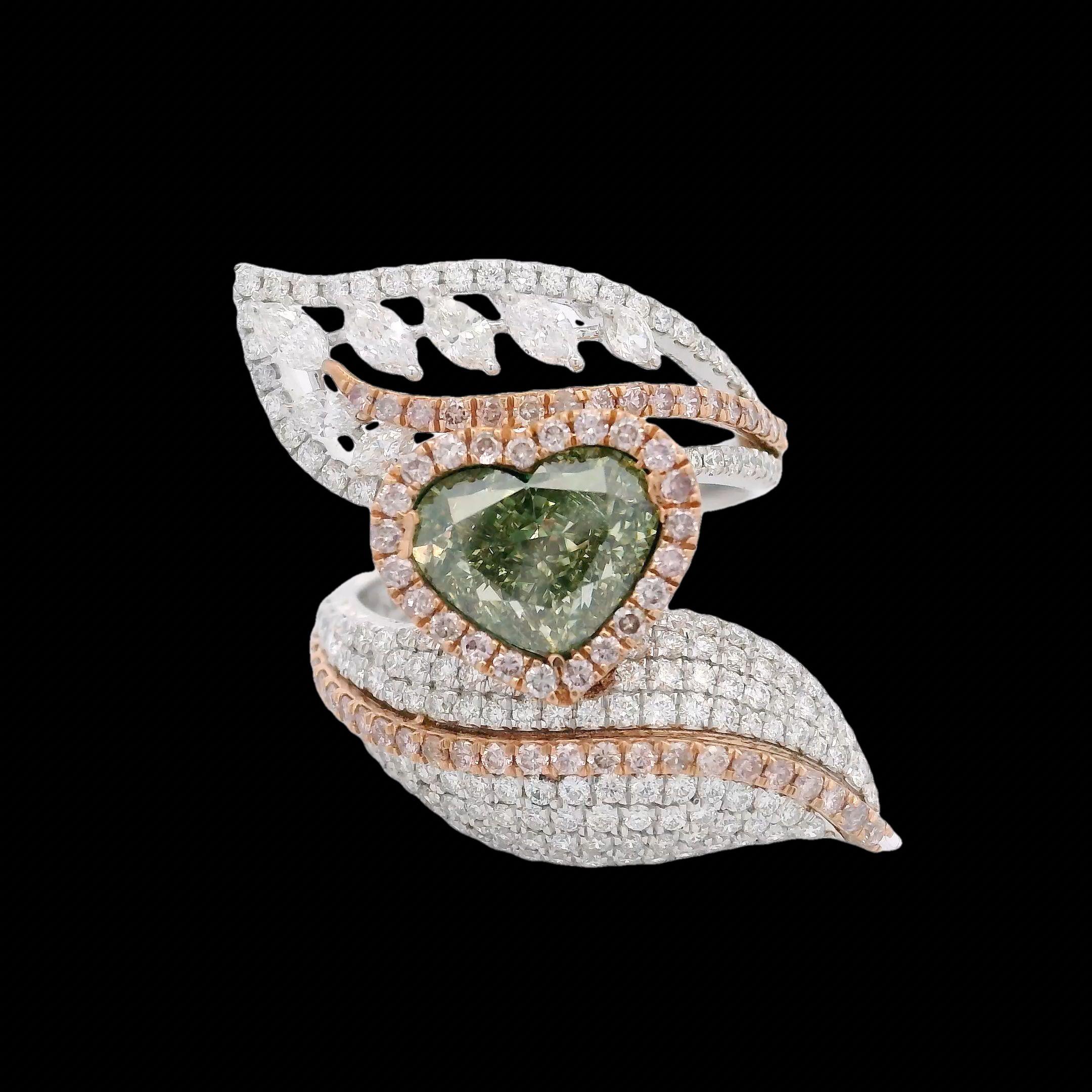 18kt white gold ring with diamonds
  
  Gold colour & karat: White gold 18kt
 Weight: 7.73 grams
  
  Set with-
  Stone type: Diamonds
  Shape: Heart
  Carat: 3.03 ct
  Colour: Fancy Brownish Greenish Yellow
  Clarity: VS1
  
  Surrounding Stones: