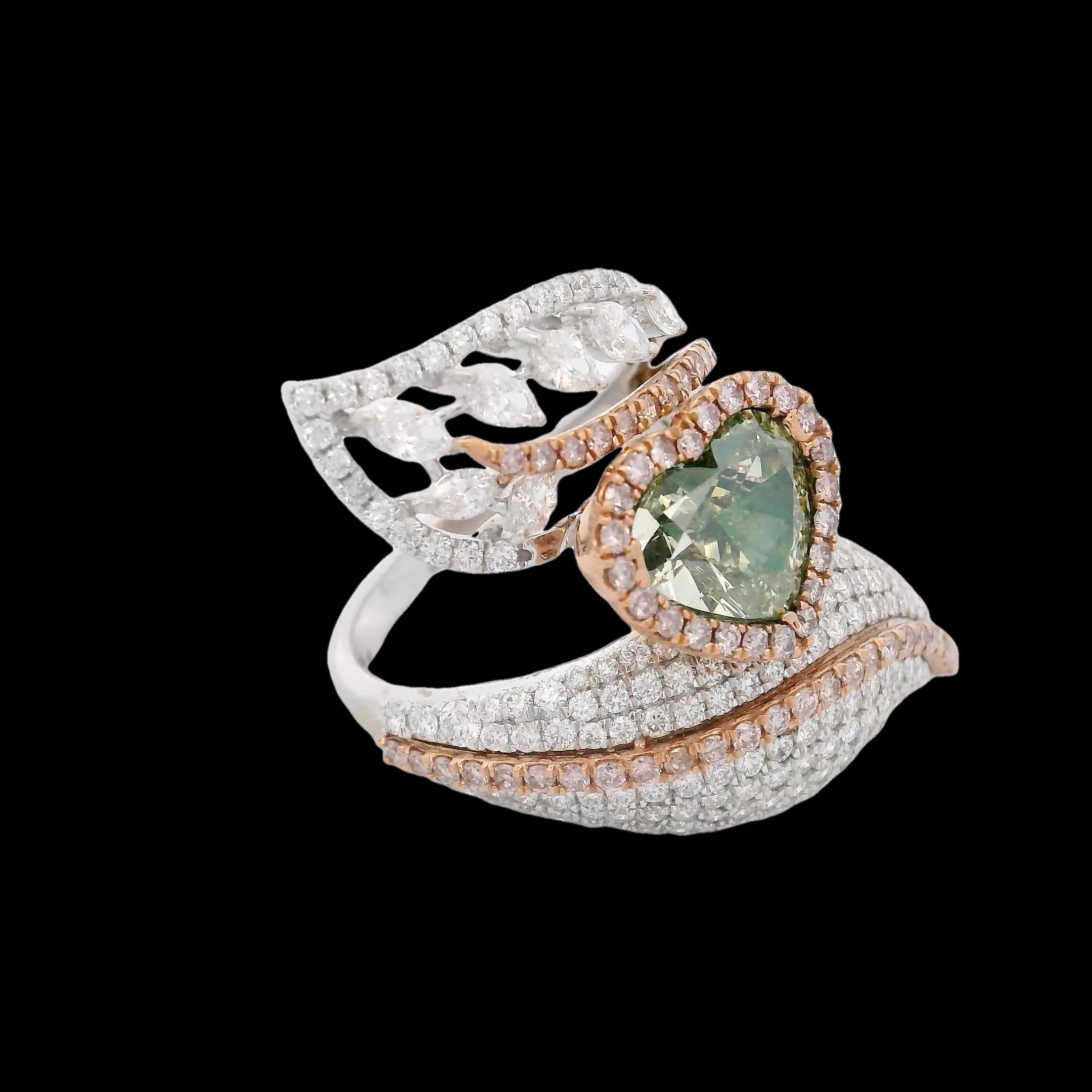 Heart Cut GIA Certified Fancy Brownish Greenish Yellow VS1 Clarity Diamond Ring For Sale