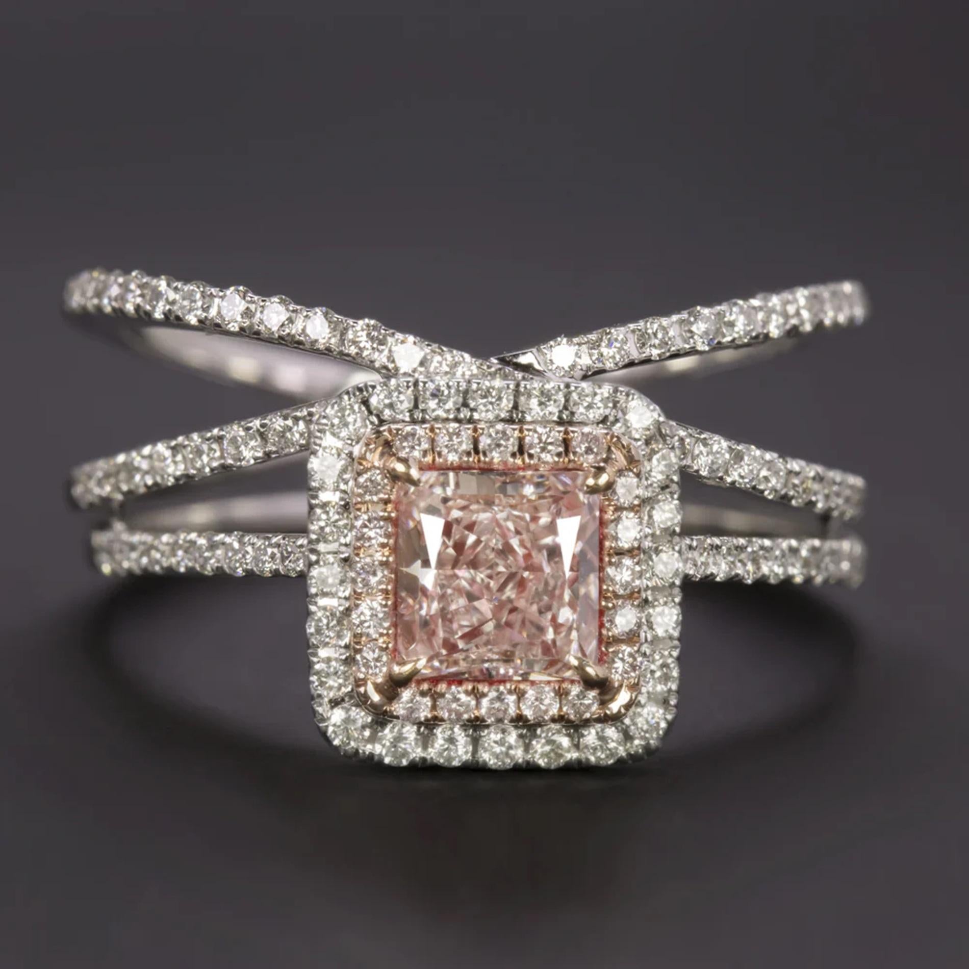 Princess Cut GIA Certified Fancy Brownish Pink 18k Gold Ring For Sale