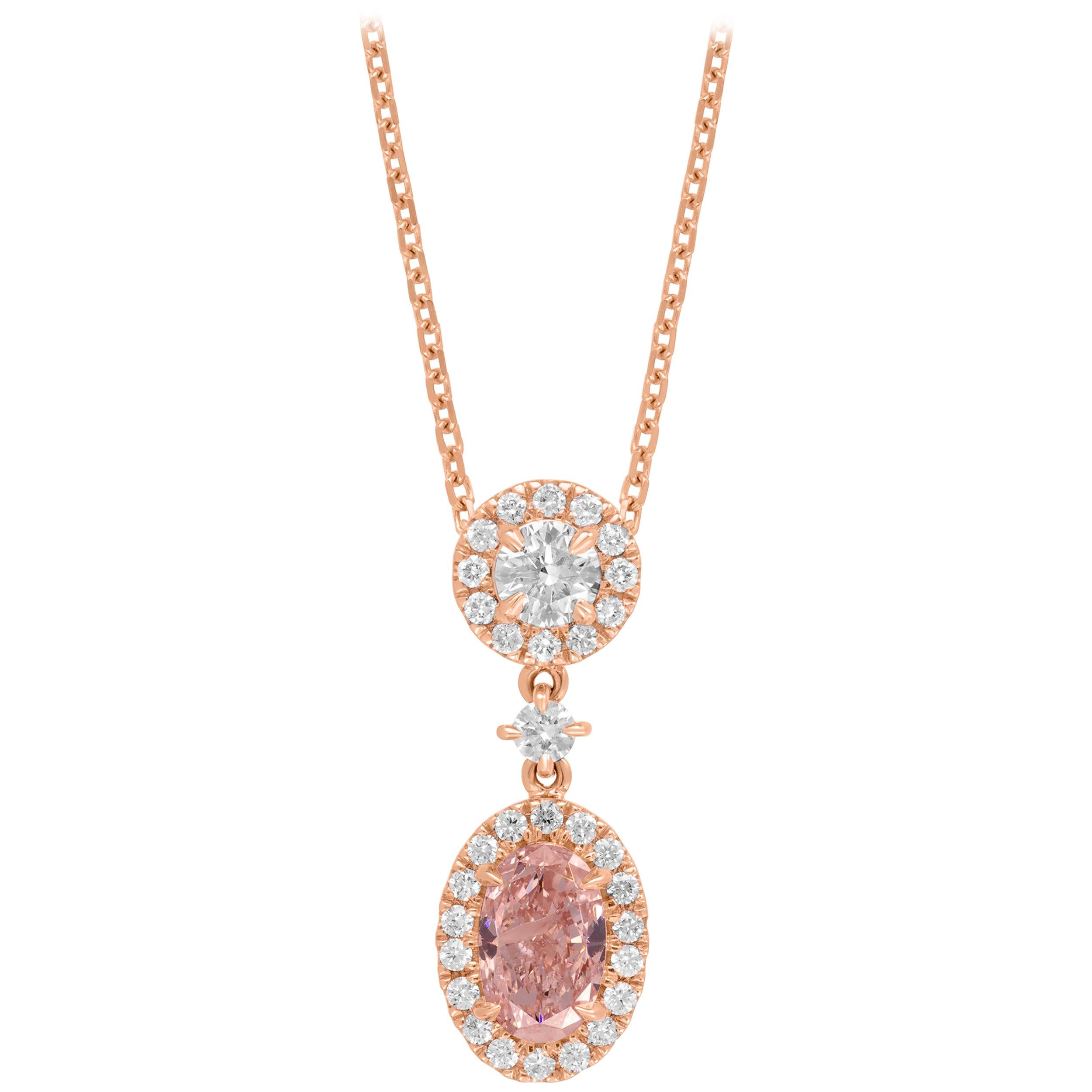 A Certified Fancy Brownish Pink Diamond Oval & White Diamond Rose Gold Pendant For Sale