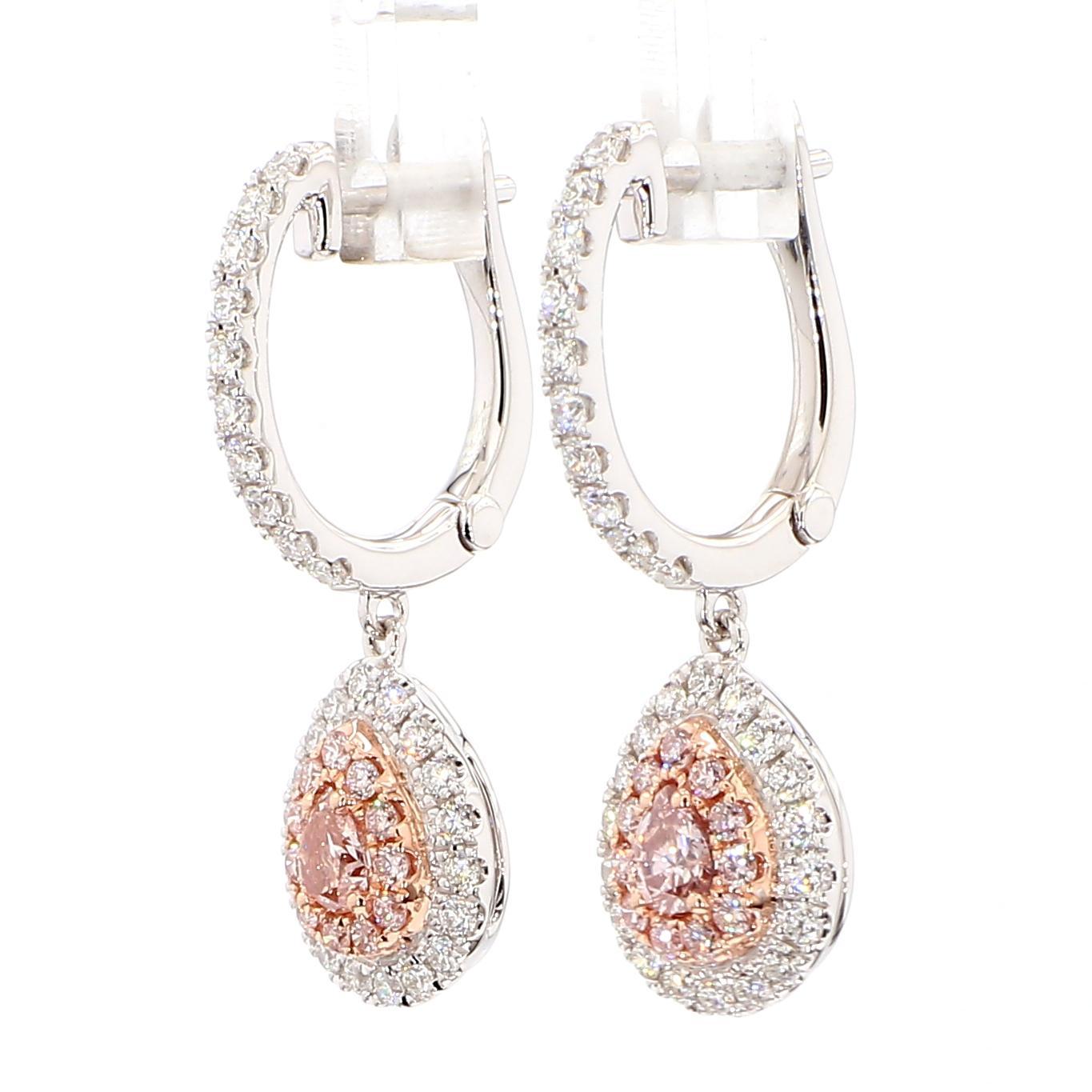 Boucles d'oreilles en or certifiées GIA avec diamant poire de 1,49 carat TW de couleur rose brunâtre fantaisie en vente 1