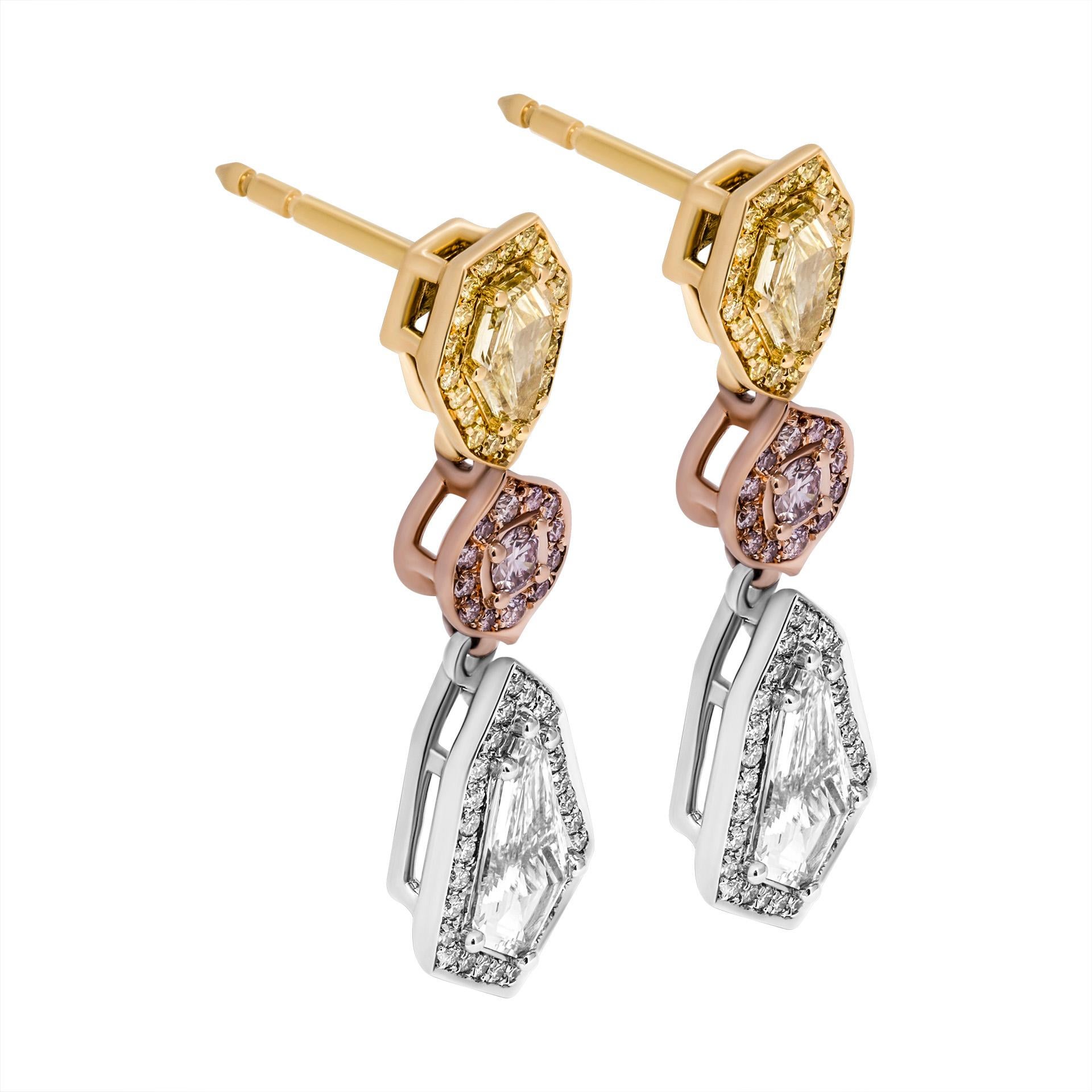 Earrings in 18K Yellow, 18K Rose Gold and Platinum 
Diamonds ( from he top yo the bottom): 

0.32ct Fancy Yellow VVS1 shield shaped diamond GIA#5222509767
0.33ct Fancy Yellow VVS2 shield shaped diamond GIA#6223509766

2 Round Fancy Pink Diamonds