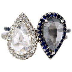 GIA Certified Fancy Dark Gray Diamond and White Rose Cut Diamond Twin Ring 
