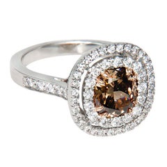 Bague à double halo en diamant certifié GIA, taille coussin, orange foncé et brun