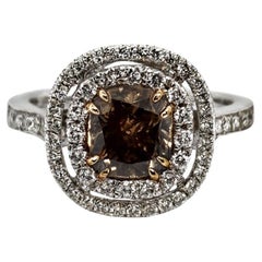 Bague à double halo en diamant certifié GIA, taille coussin, orange foncé et brun