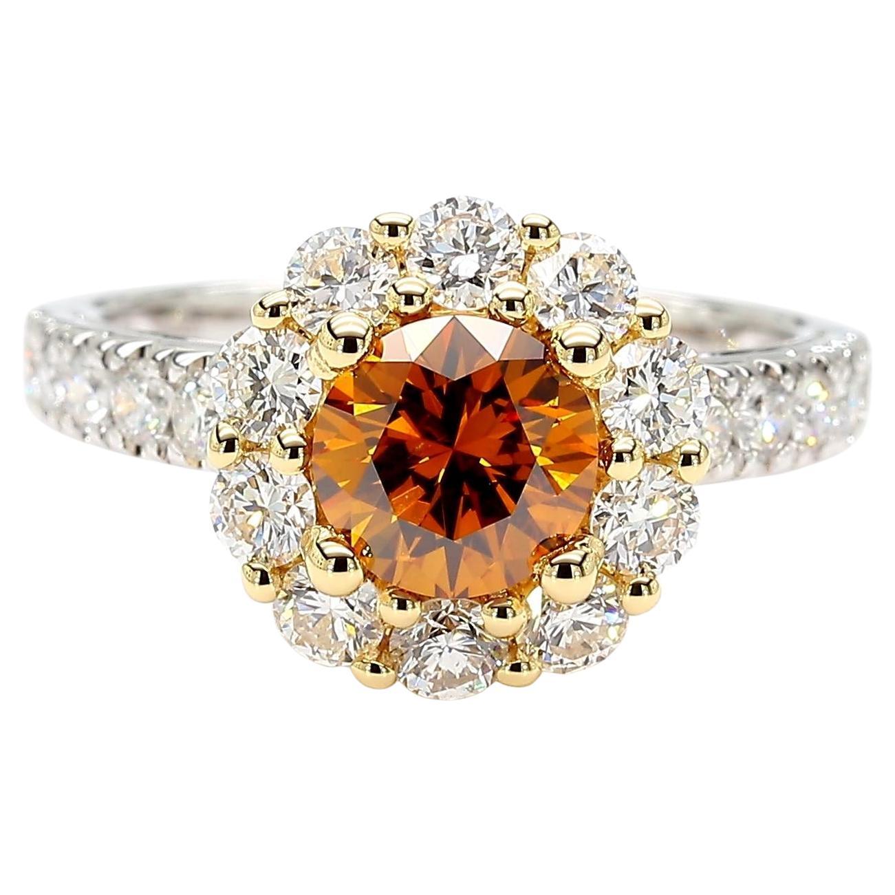 GIA Certified Fancy Deep Brown-Orange Round Diamond 2.26 Carat TW Gold Ring