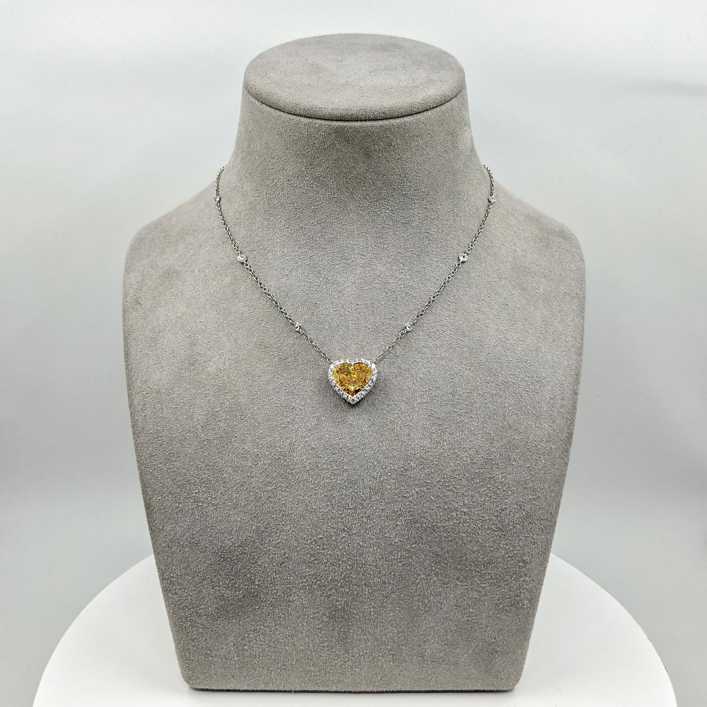 Women's 4.02 Carat Fancy Deep Orangy Yellow Heart Shape Diamond Halo Pendant Necklace For Sale