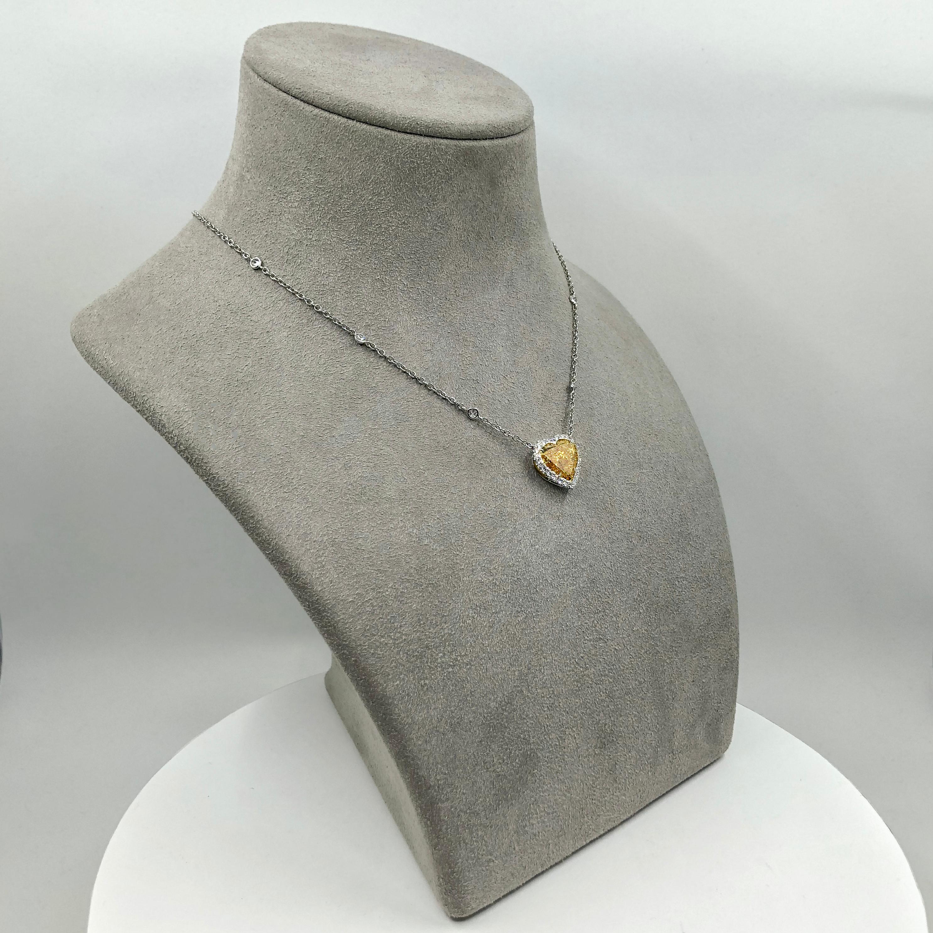 4.02 Carat Fancy Deep Orangy Yellow Heart Shape Diamond Halo Pendant Necklace For Sale 1