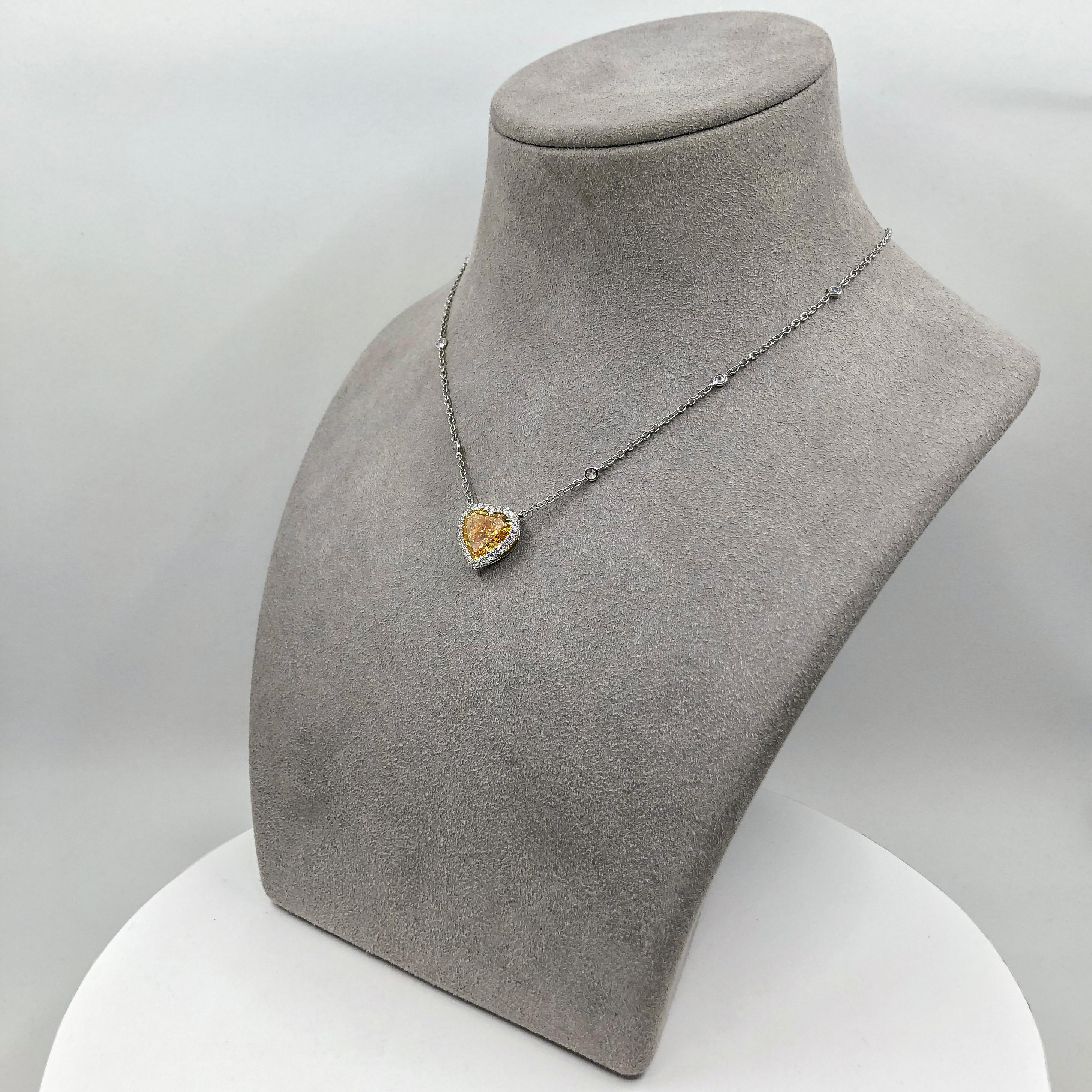 4.02 Carat Fancy Deep Orangy Yellow Heart Shape Diamond Halo Pendant Necklace For Sale 2