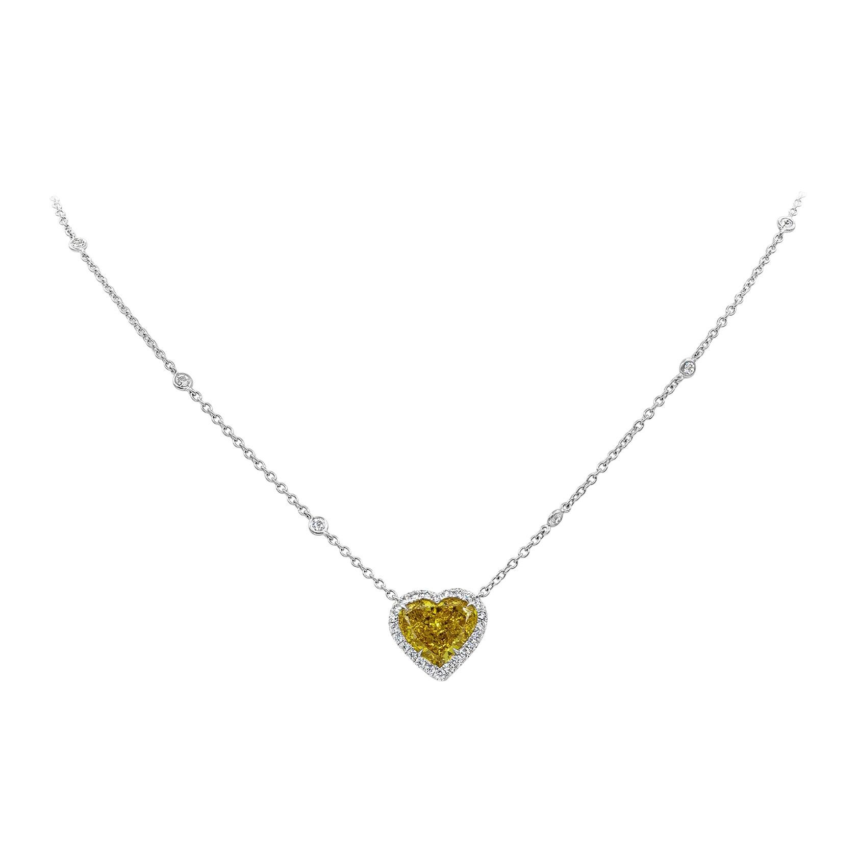 GIA Certified 4.02 Carats Heart Shape Yellow Diamond Halo Pendant Necklace