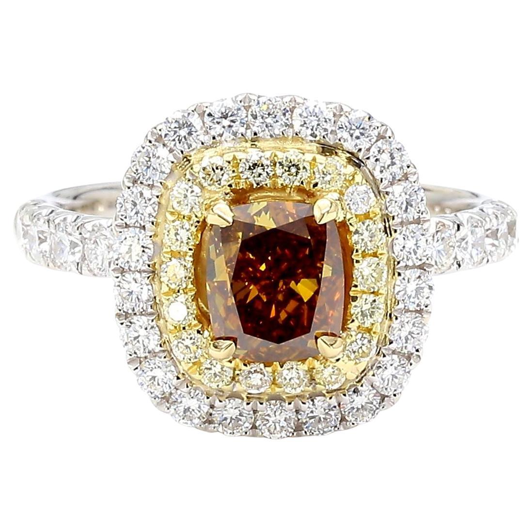Bague en or certifiée GIA, diamant coussin de 1,93 carat TW de couleur jaune foncé fantaisie et de couleur brune