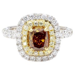 Bague en or certifiée GIA, diamant coussin de 1,93 carat TW de couleur jaune foncé fantaisie et de couleur brune