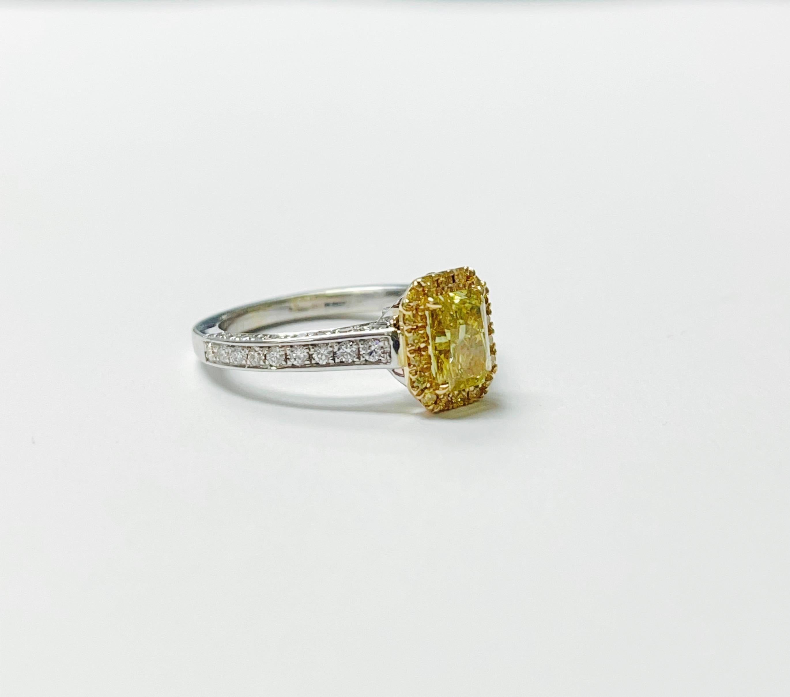 GIA certified Fancy Deep Yellow Radiant Cut Diamond Engagement Ring handcrafted in yellow gold. 
The details are as follows : 
Diamond weight : 1.13 carat 
Color : Fancy deep yellow 
Cut : cut cornered rectangular modified brilliant 
Clarity : SI1
