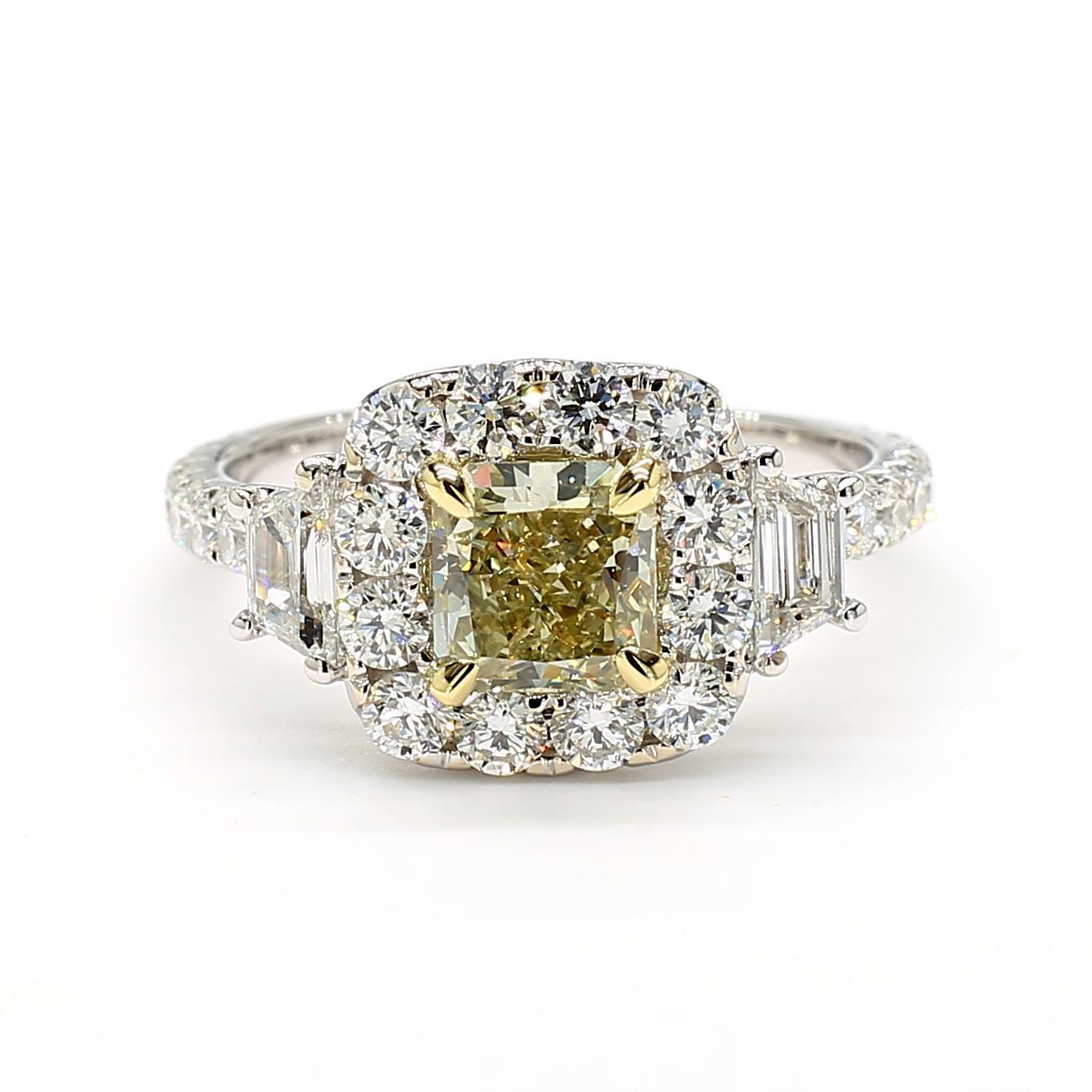 GIA-zertifiziert Fancy Gray-Greenish Yellow Radiant Diamant 2,27 Karat TW Gold Ring (Zeitgenössisch) im Angebot