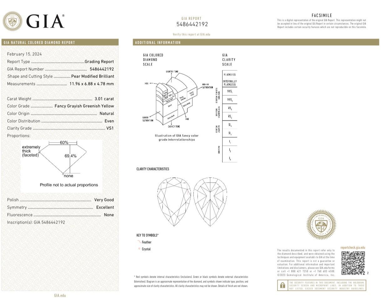 Bague à trois pierres en or 18 carats avec diamant jaune verdâtre fantaisie certifié GIA Unisexe en vente