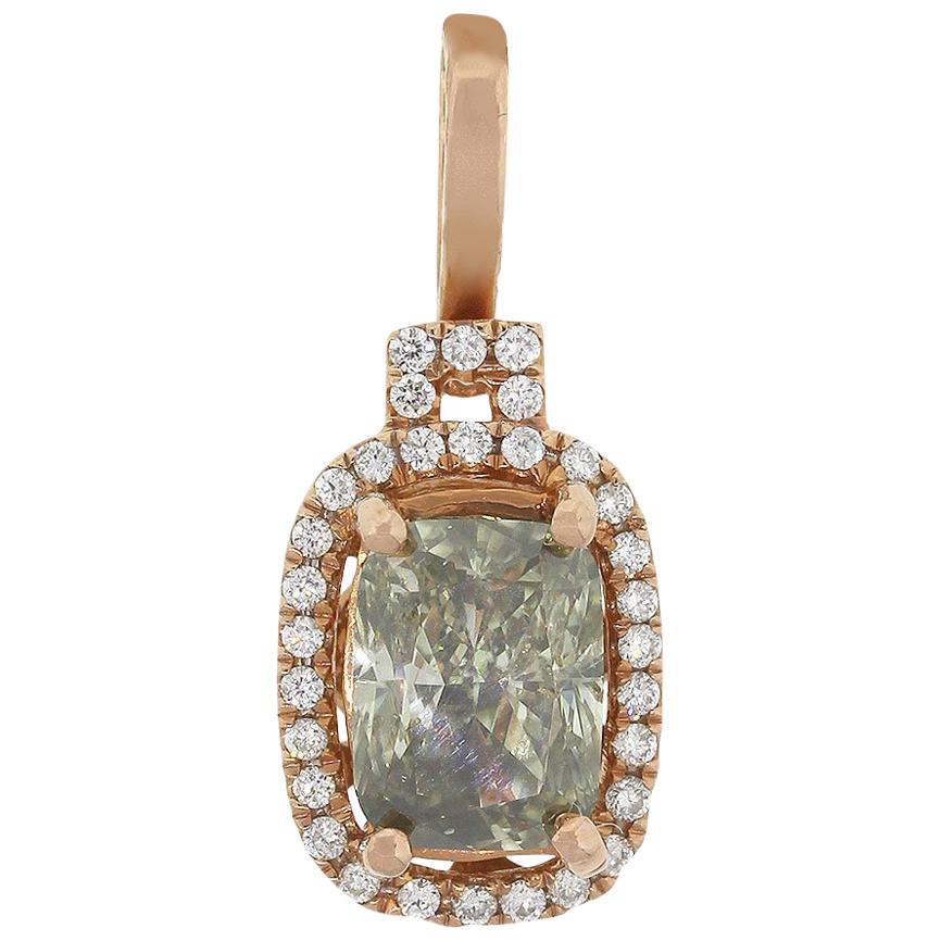 GIA Certified Fancy Green-Yellow Gray Cushion Cut Diamond Pendant