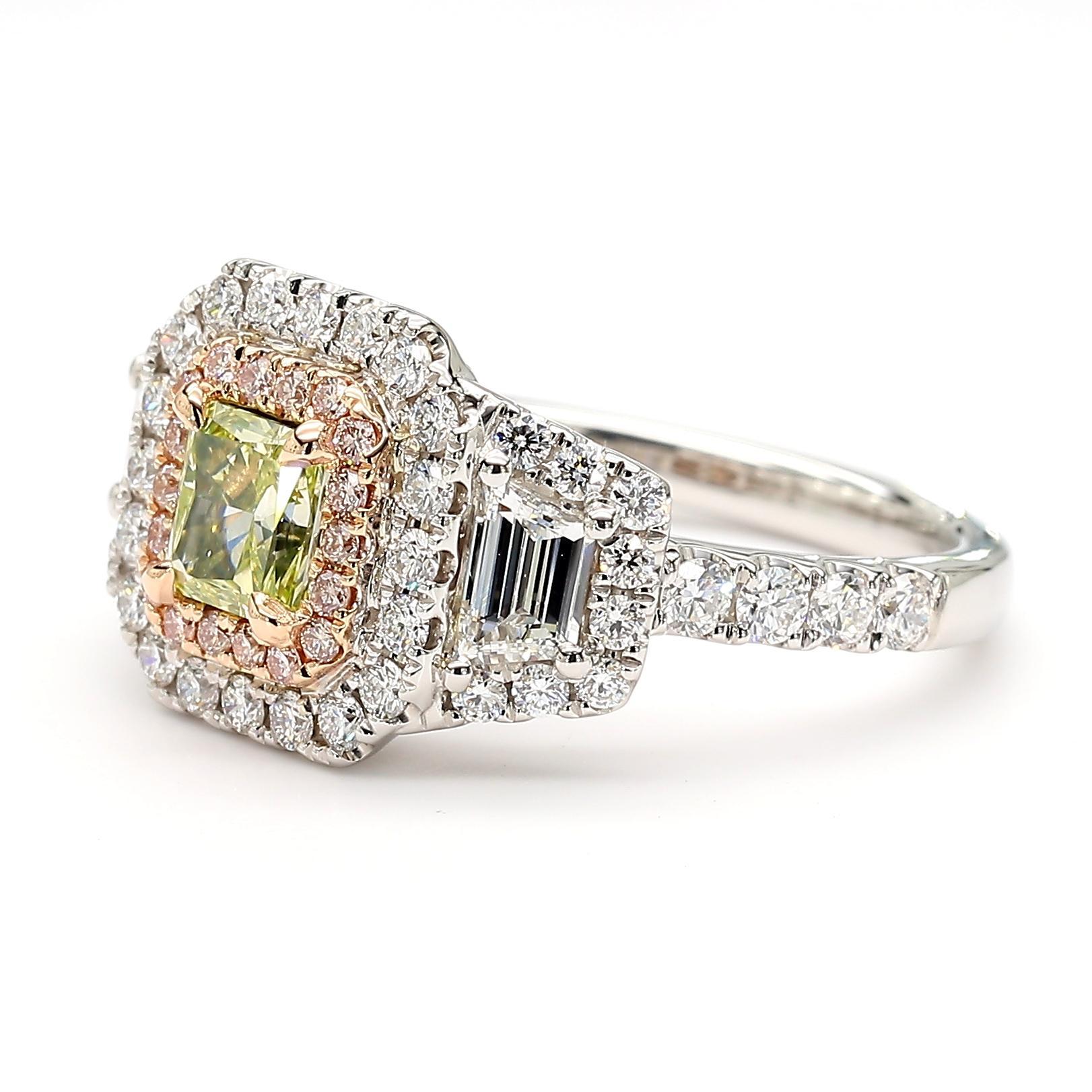 RareGemWorld's beautiful GIA certified diamond cocktail ring. Mounted in a beautiful 18K Rose and White Gold setting with a natural radiant cut green diamond. The green diamond is surrounded by round natural pink diamond melee, round natural white
