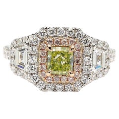 GIA Certified Fancy Green-Yellow Radiant Diamond 1.81 Carat TW Gold Ring