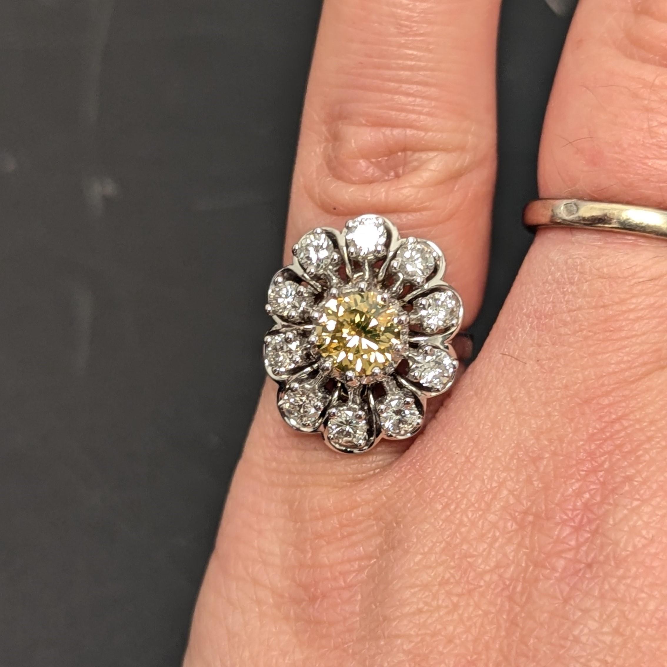 A fancy ring featuring a fancy yellow diamond that weighs 1.03cts, and 10 surrounding round diamonds, weighing approximately 1 carat. 