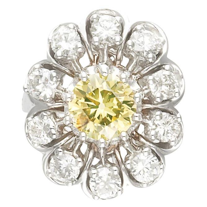 GIA Certified 1.03cts Fancy Greenish Yellow Round Diamond Ring For Sale