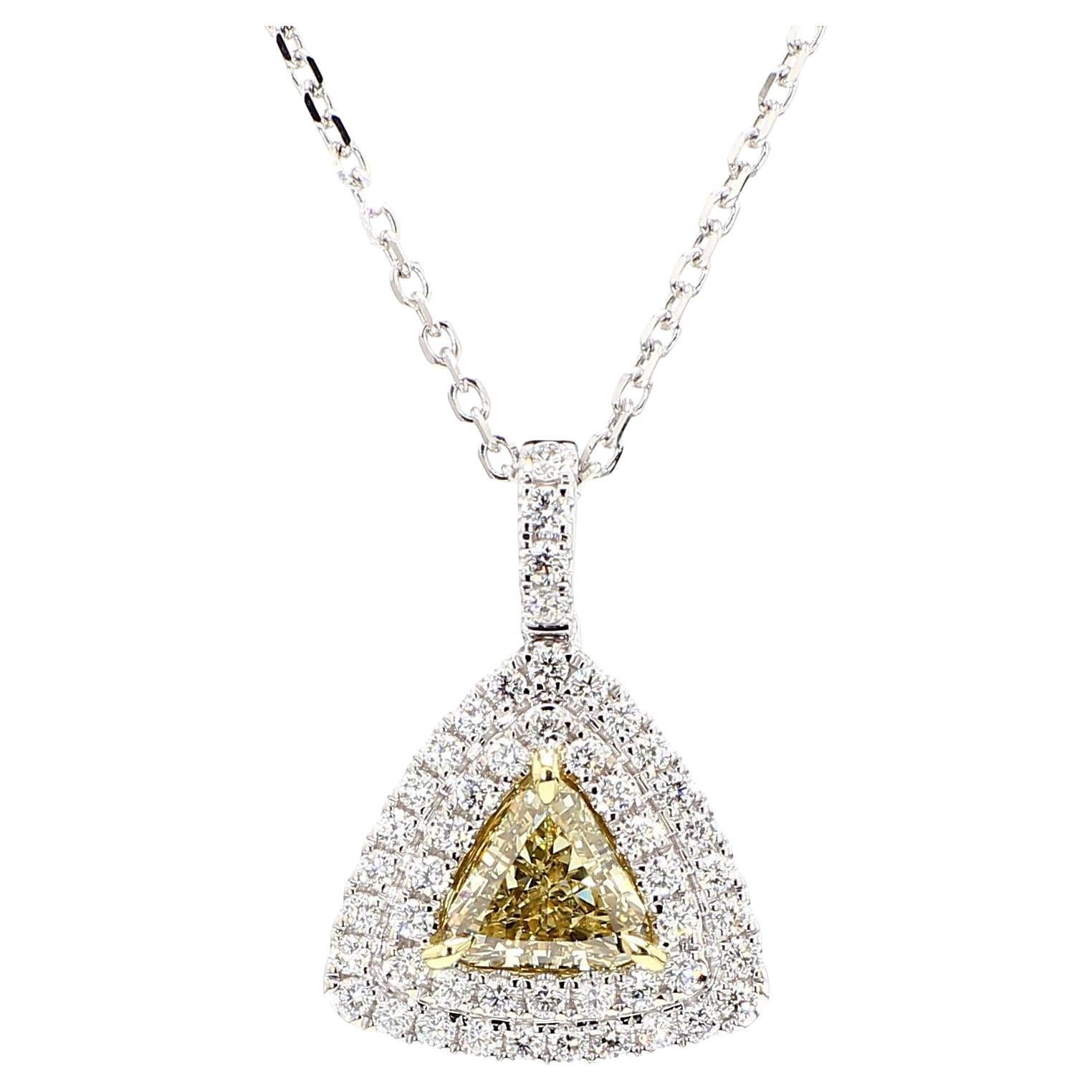 GIA Certified Fancy Greenish Yellow Trillion Diamond 1.56 Carat TW Gold Pendant