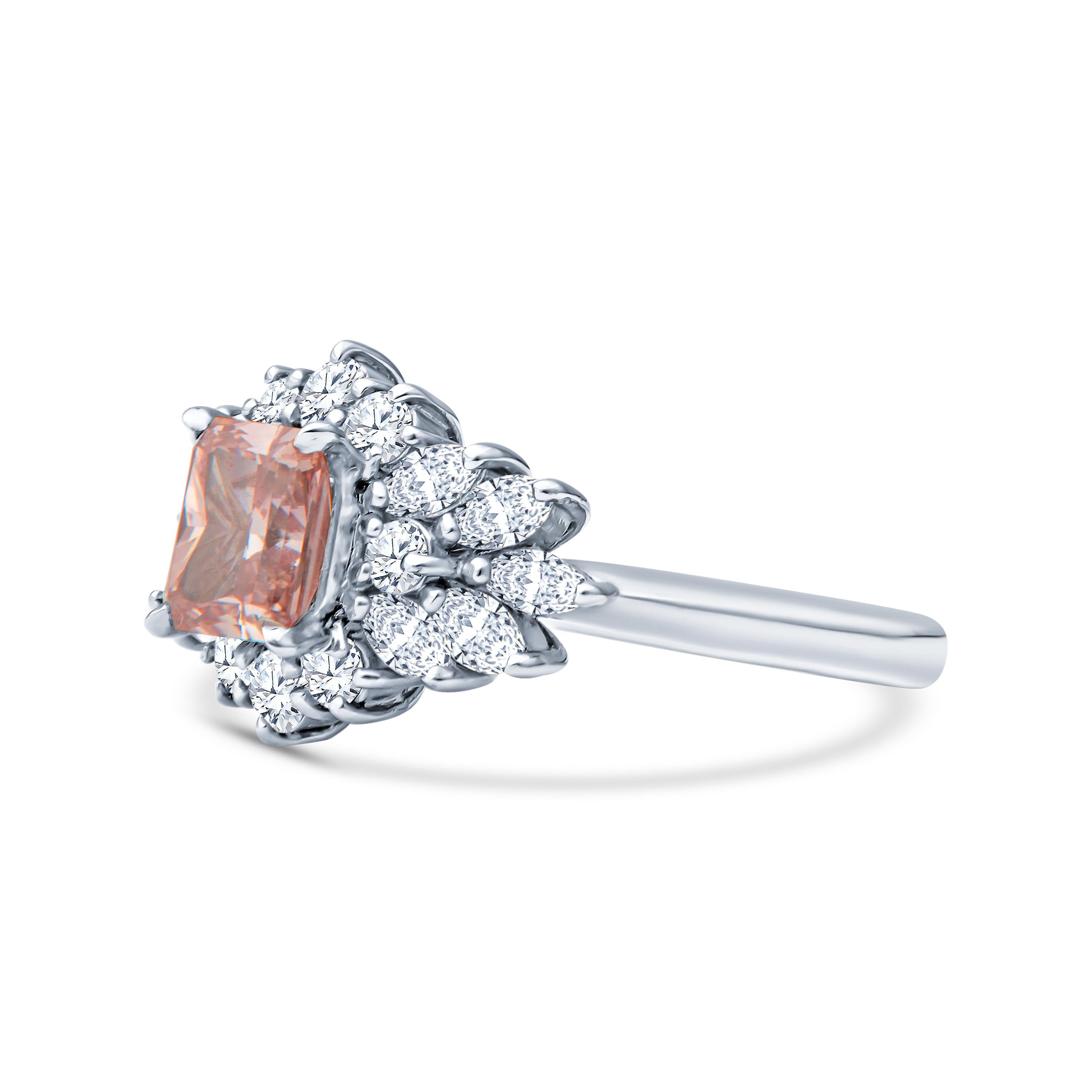 Radiant Cut GIA certified Fancy Intense 1.09ct Pink Natural Diamond and White Diamond Ring For Sale