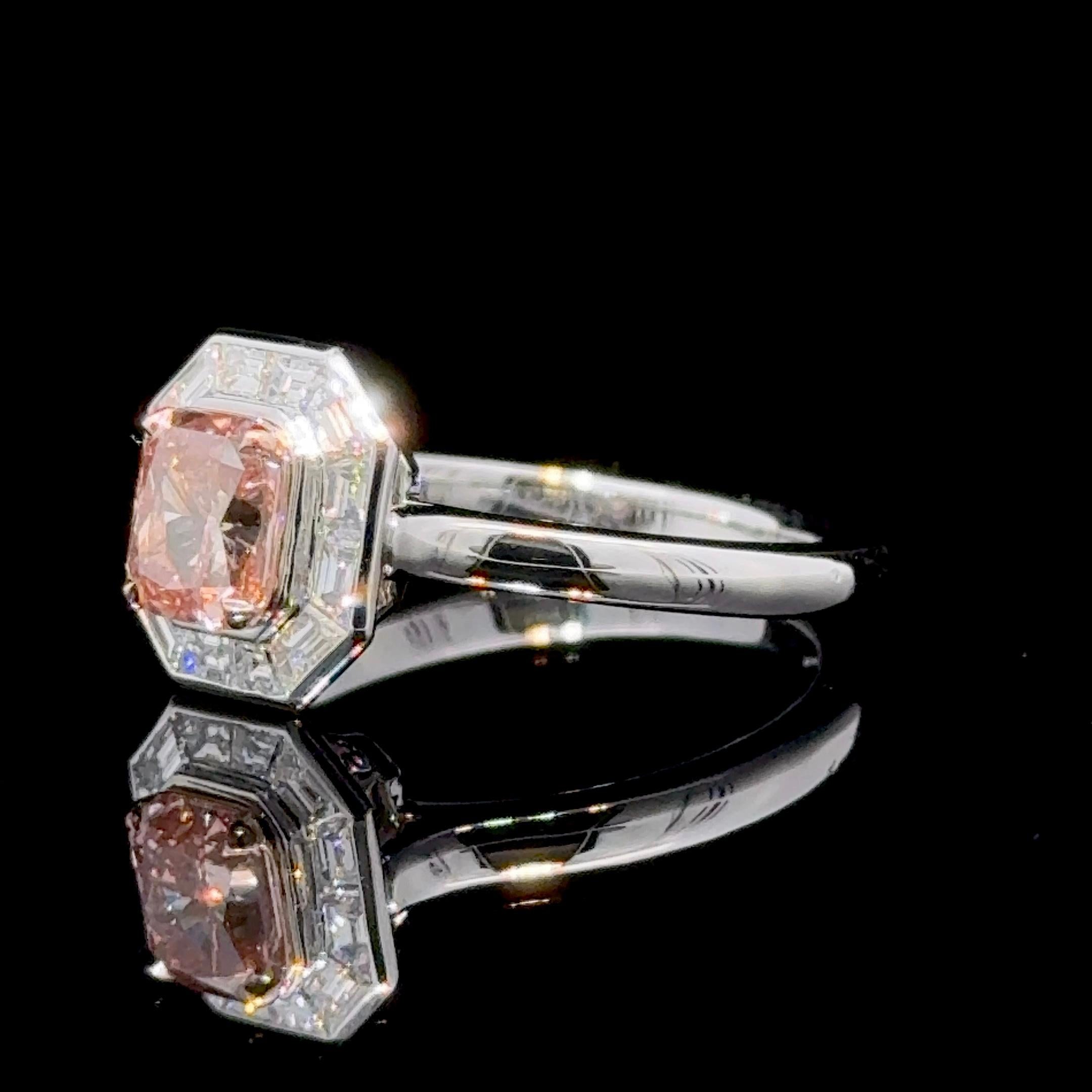 GIA Certified Fancy Intense Orangy Pink Radiant Cut Fashion Ring In New Condition For Sale In New York, NY