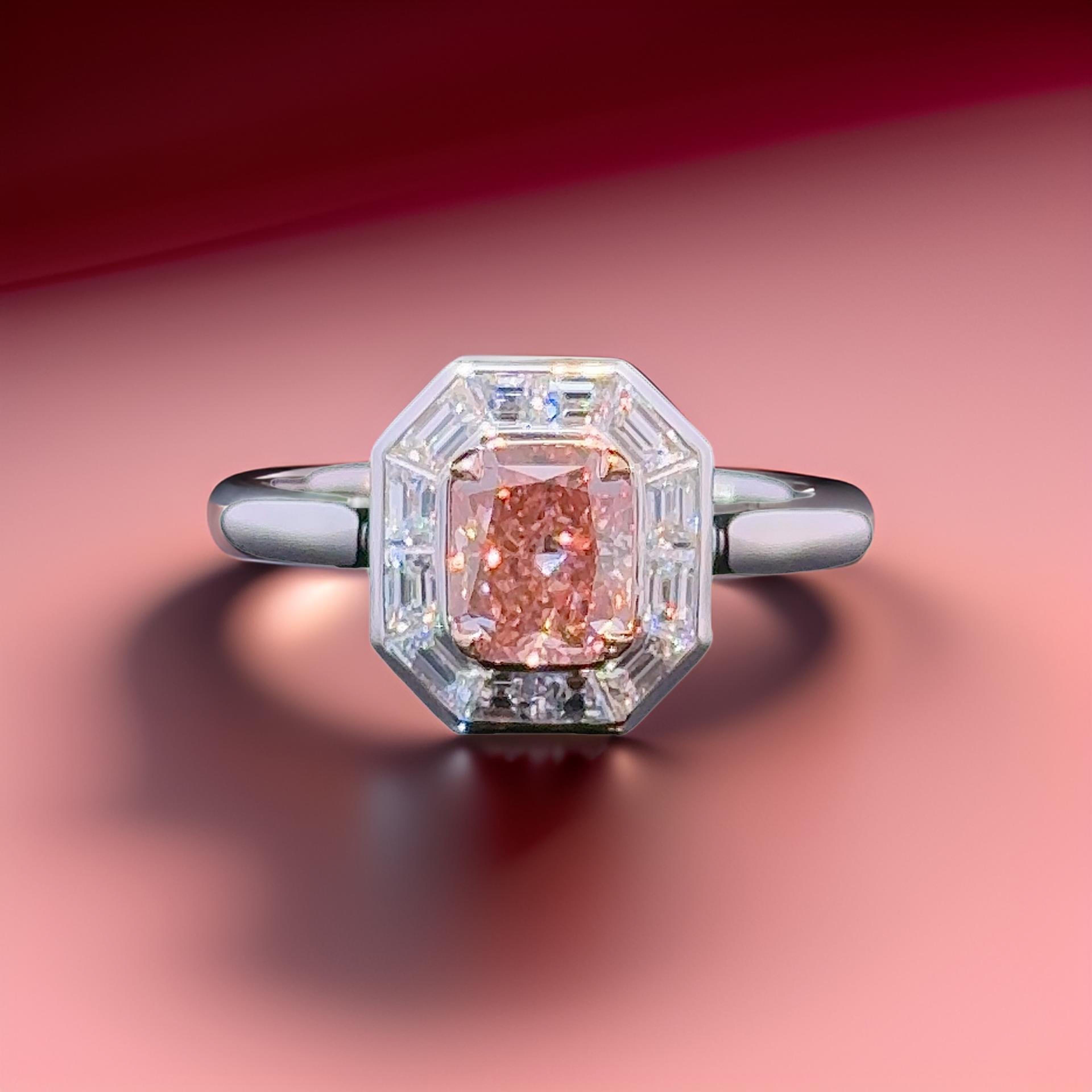 GIA Certified Fancy Intense Orangy Pink Radiant Cut Fashion Ring For Sale 1