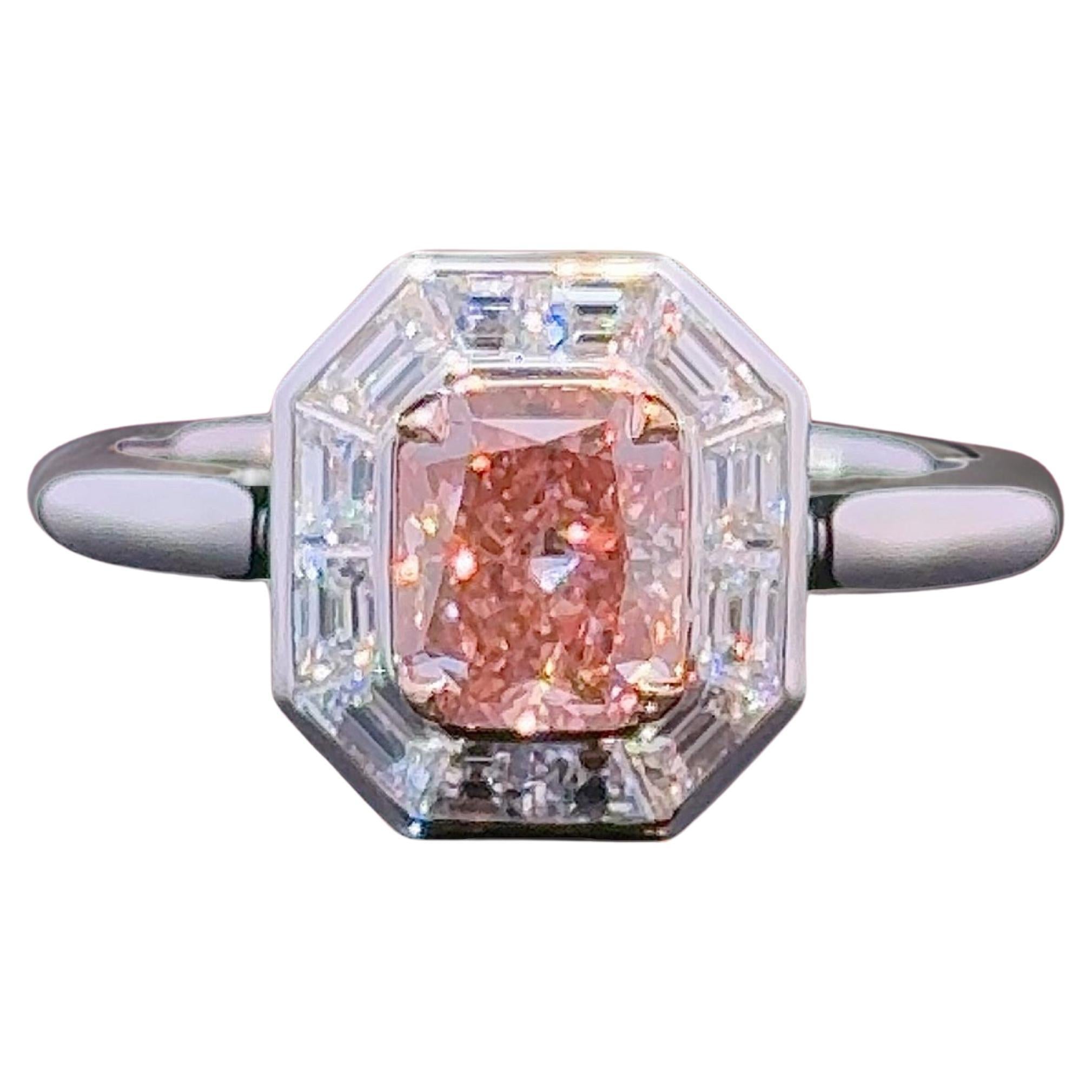 GIA Certified Fancy Intense Orangy Pink Radiant Cut Fashion Ring