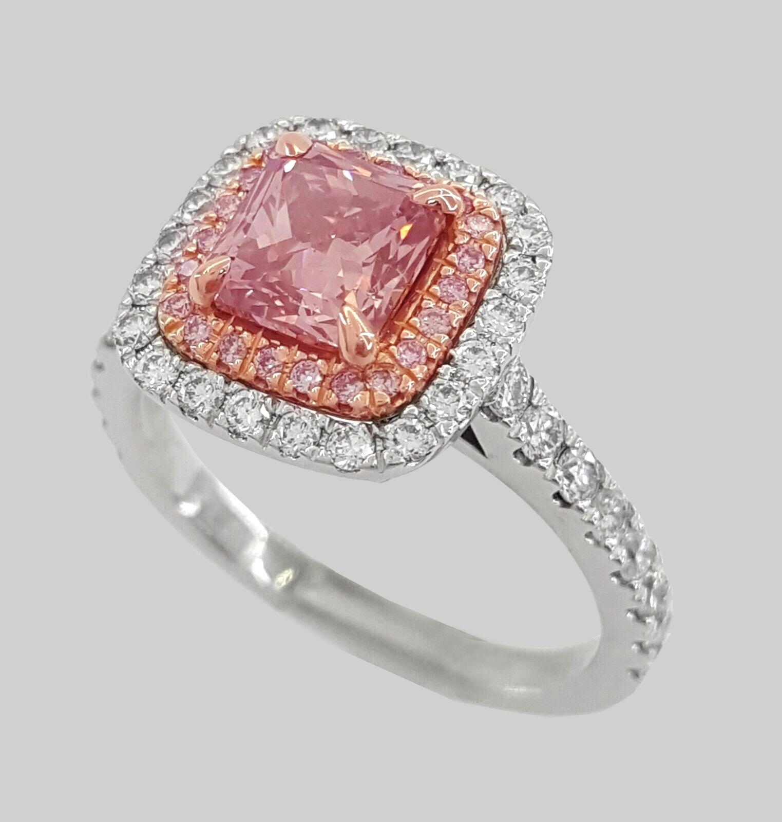 Modern GIA Certified Fancy Intense Pink Diamond Double Halo Platinum Ring For Sale