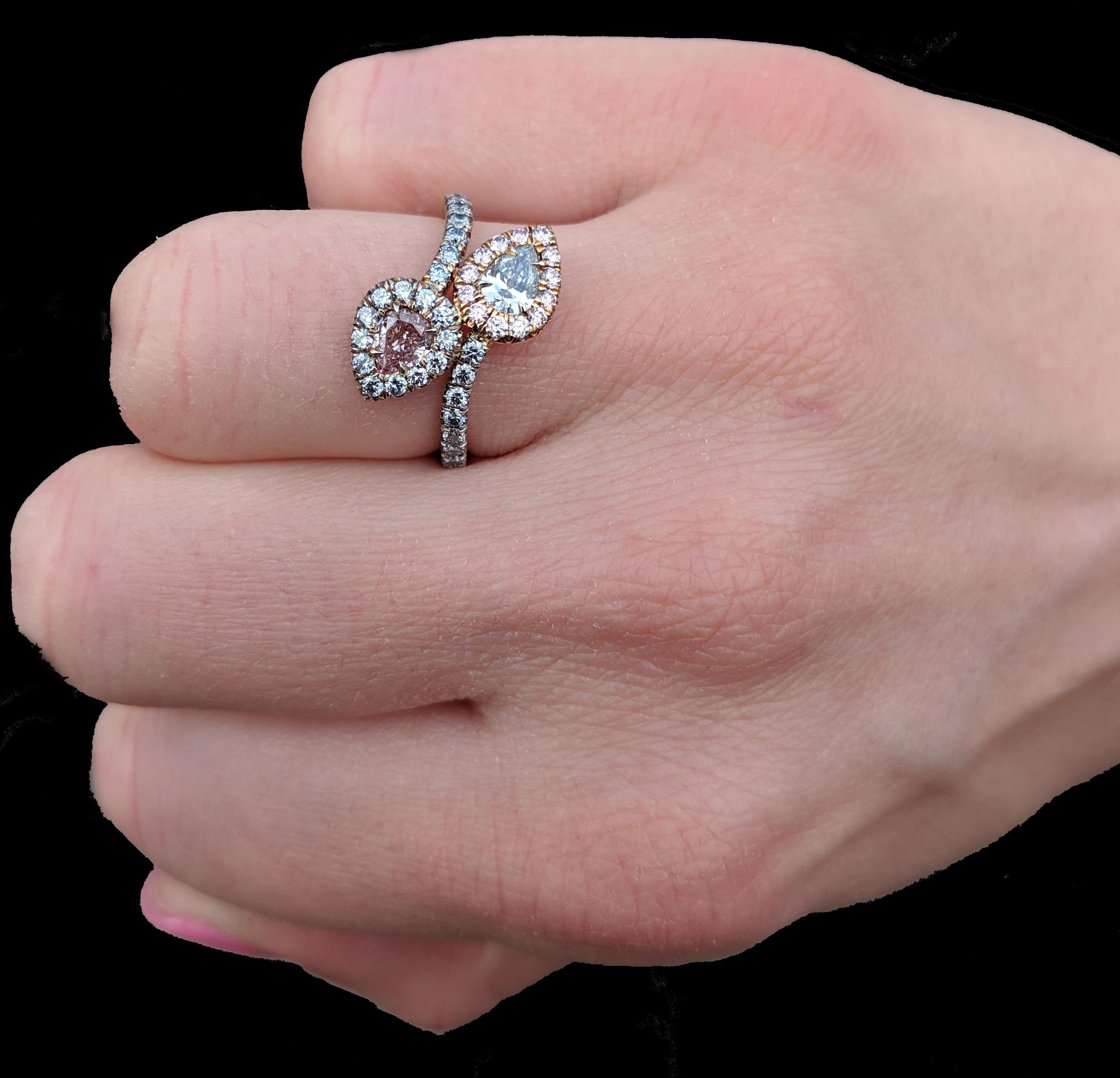 Modern GIA Certified Fancy Intense Pink and Fancy Light Blue Pear Shaped Bypass Ring