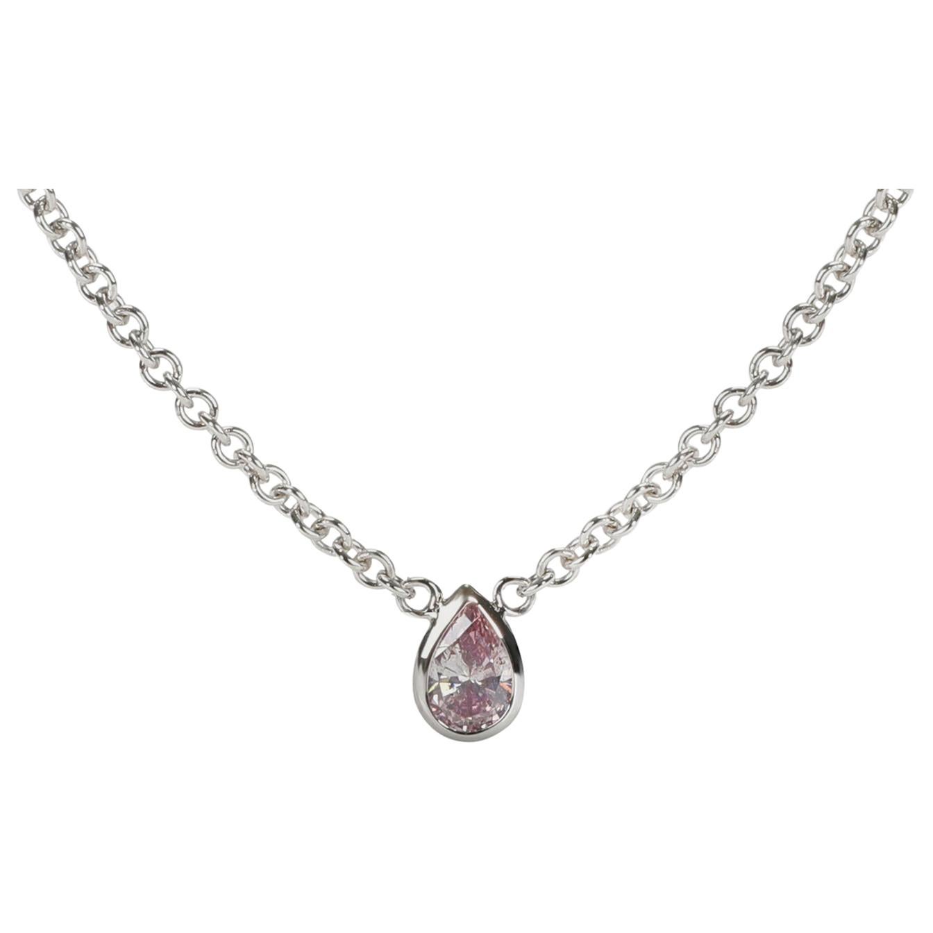 GIA Certified Fancy Intense Pink Pear Shape Bezel Necklace I1 Clarity 0.17 Carat